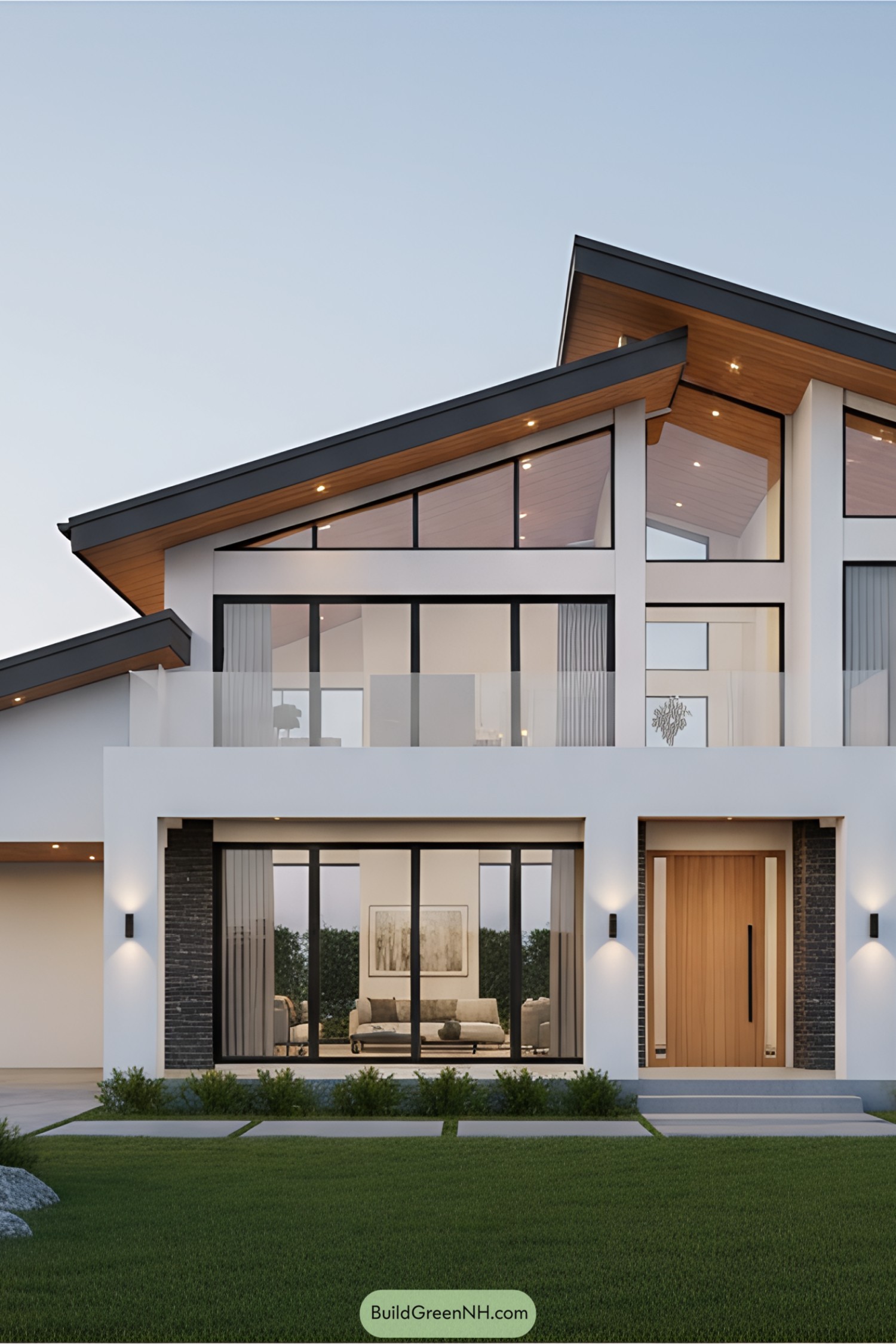 Modern house with a sloped roof and large windows