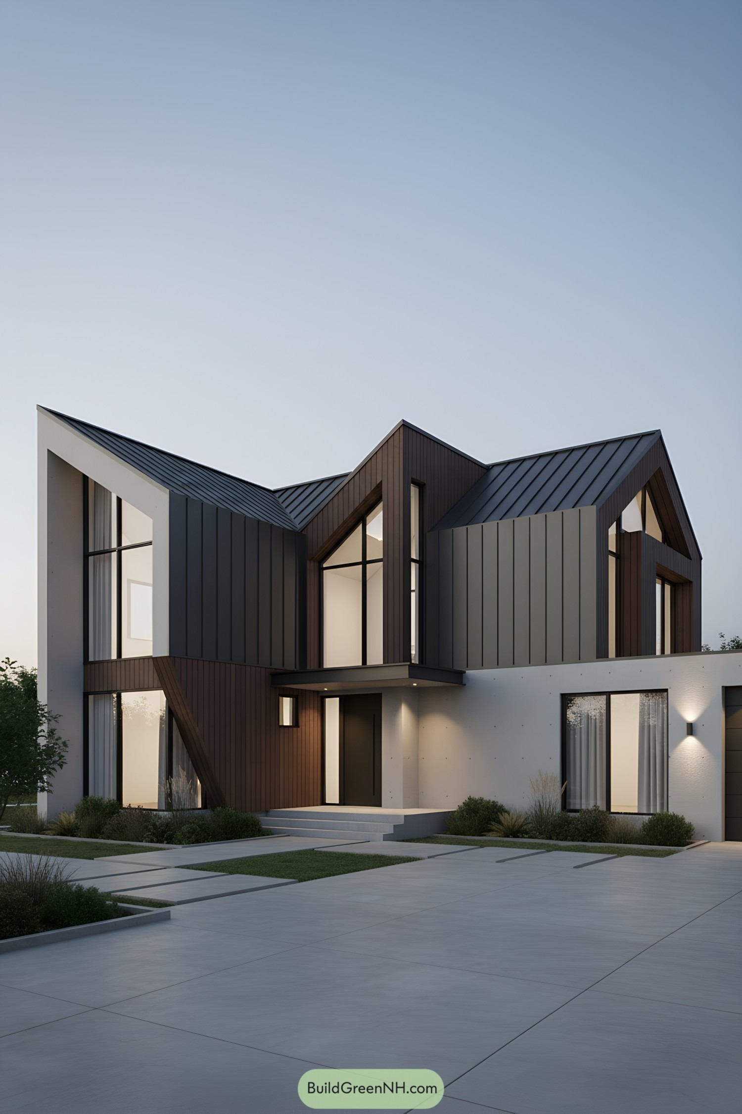 Modern home with a striking sloped roof design