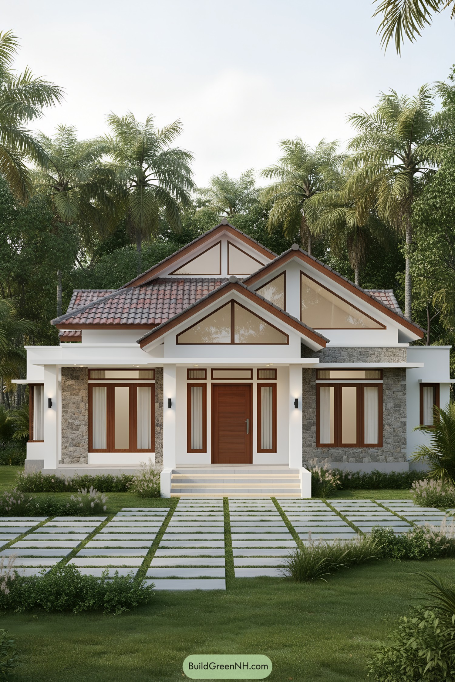 House with a sloped roof surrounded by palm trees