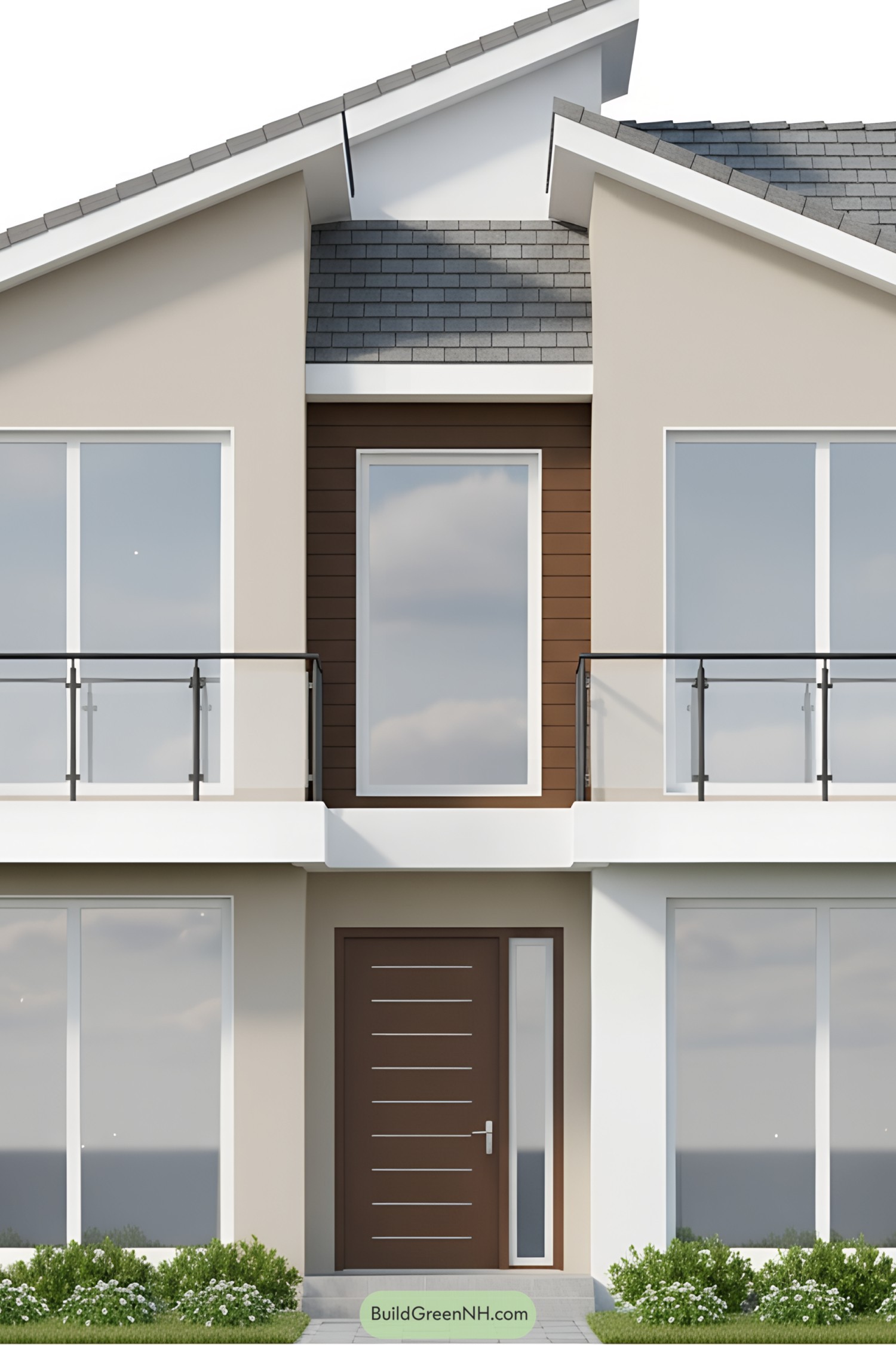 Modern house with sloped roof and large windows