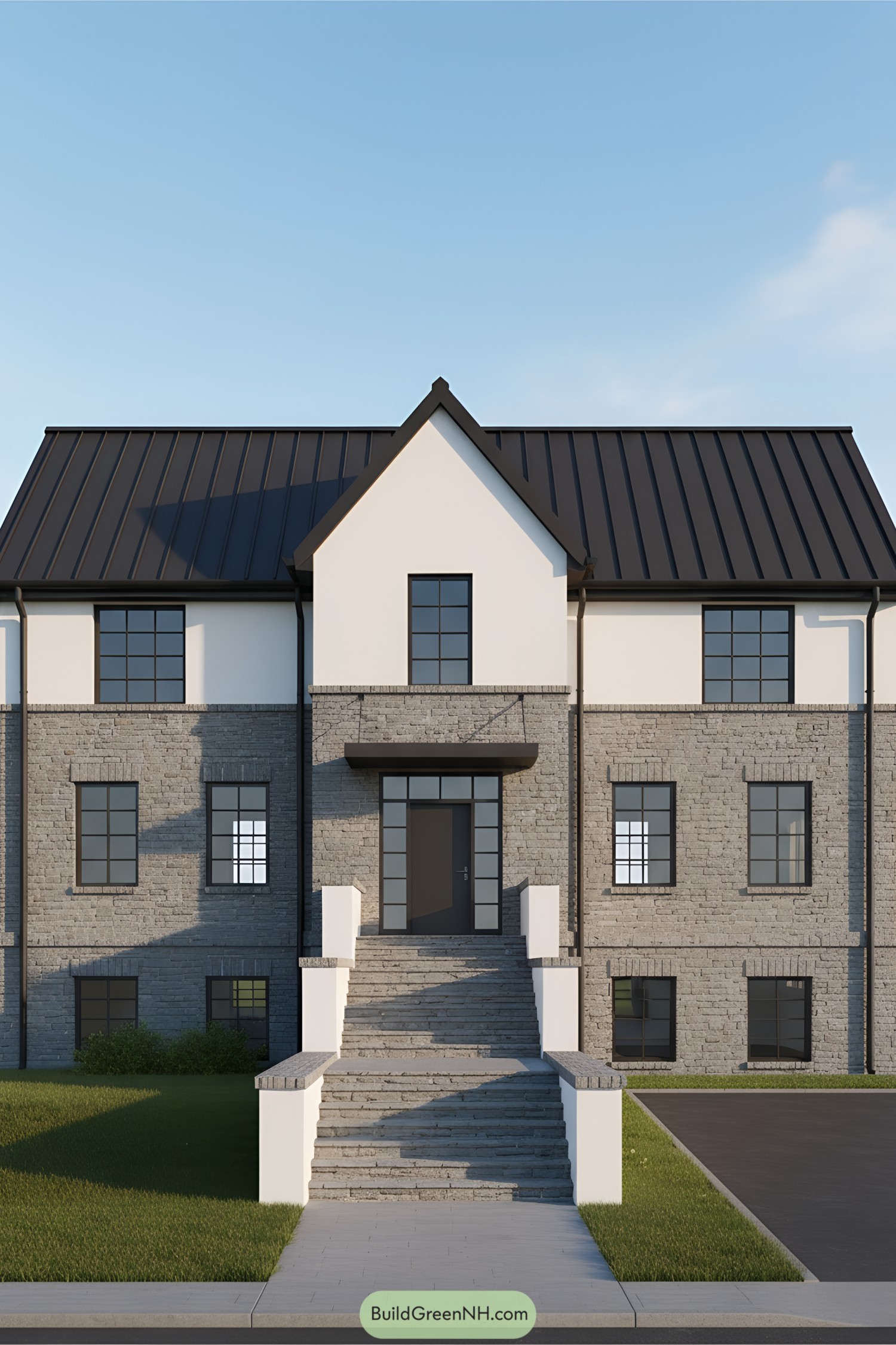 Stylish sloped roof with stone facade