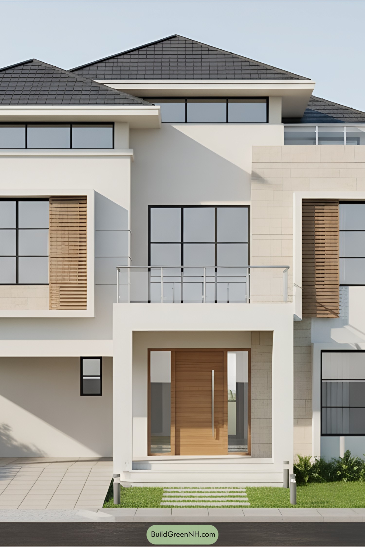Modern villa with black windows and prominent entrance