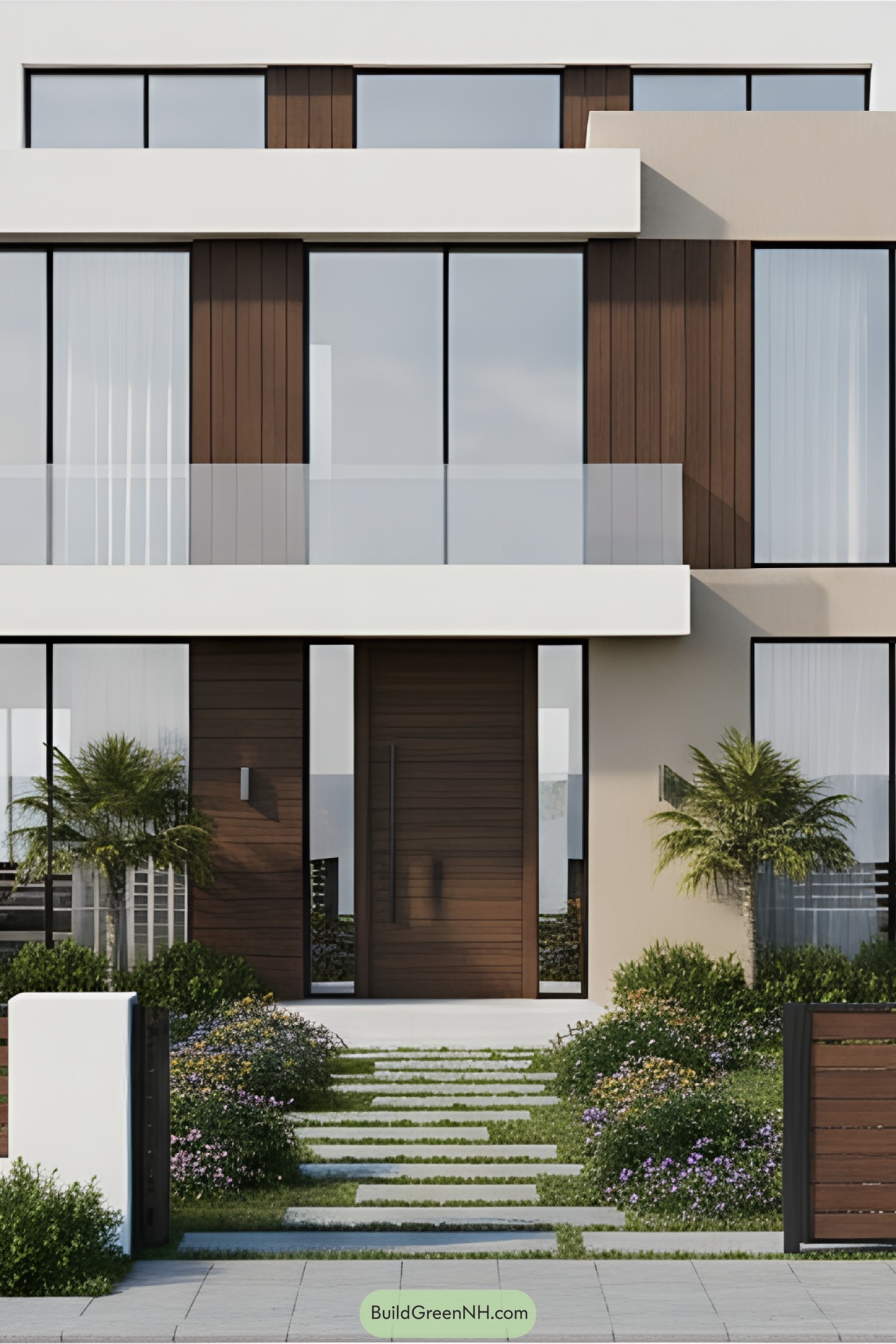 Modern villa facade with wood accents and glass panels