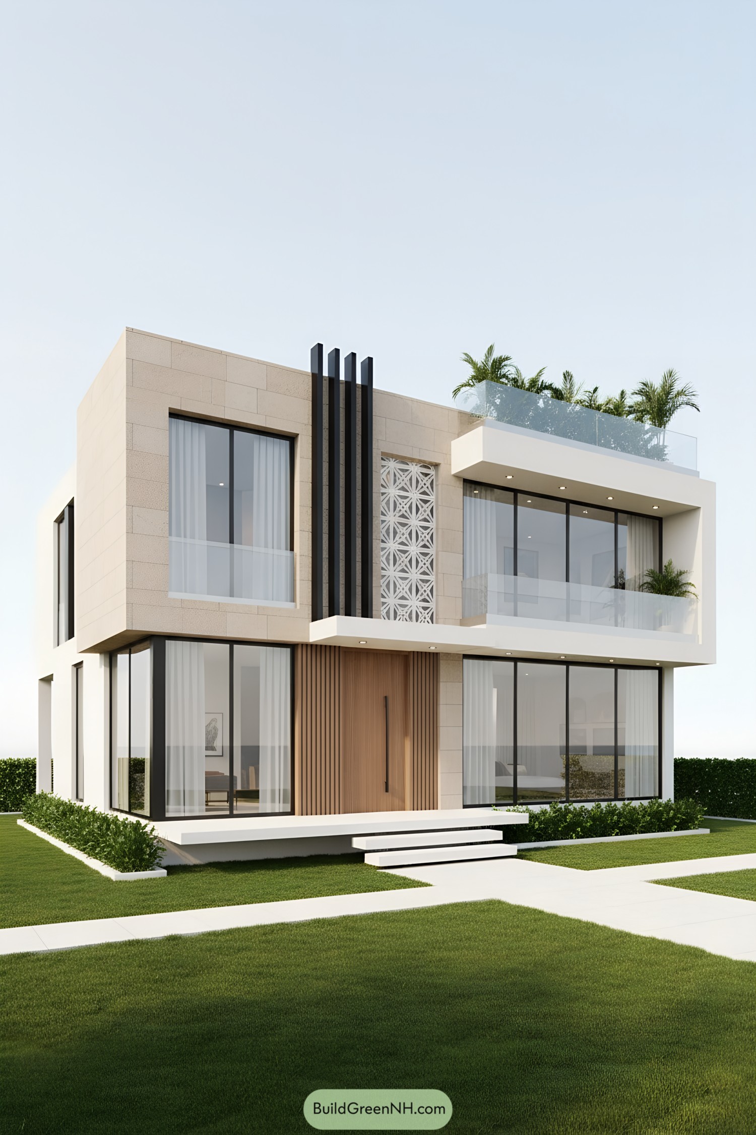 Modern villa with large windows and rooftop plants