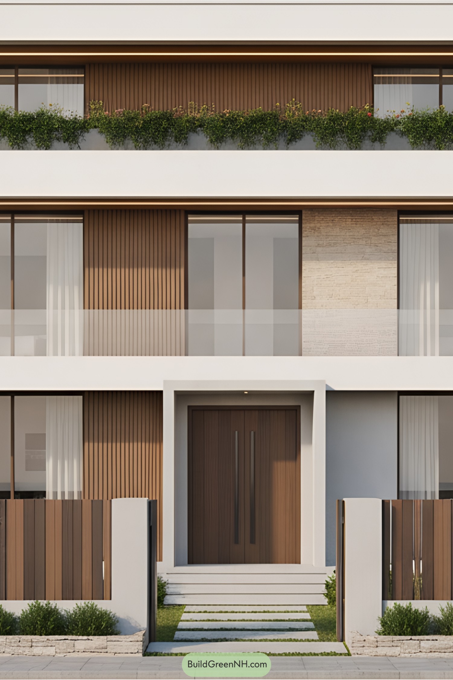 Modern villa with vertical wood accents and greenery
