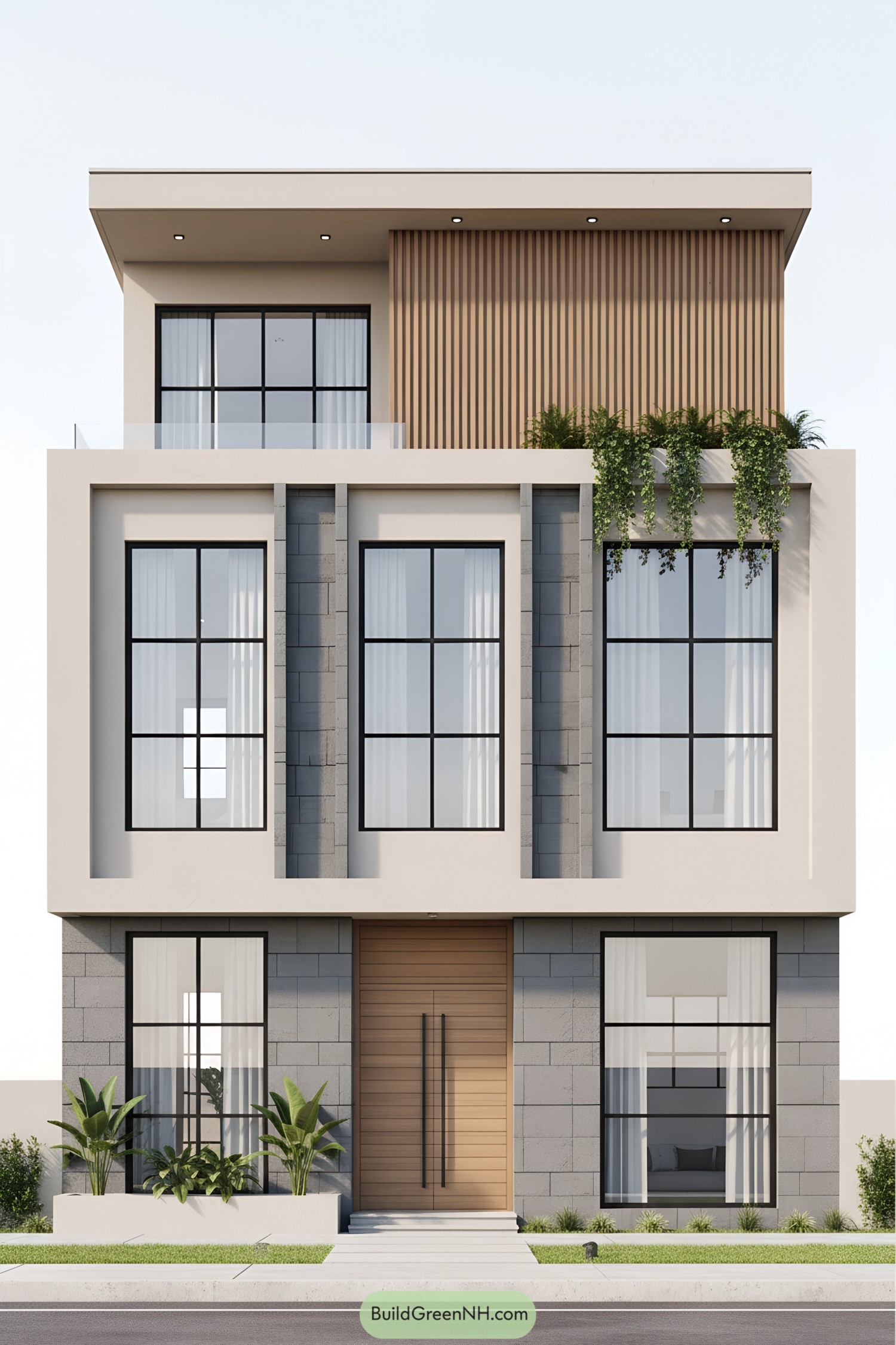 Modern villa with large windows and plants