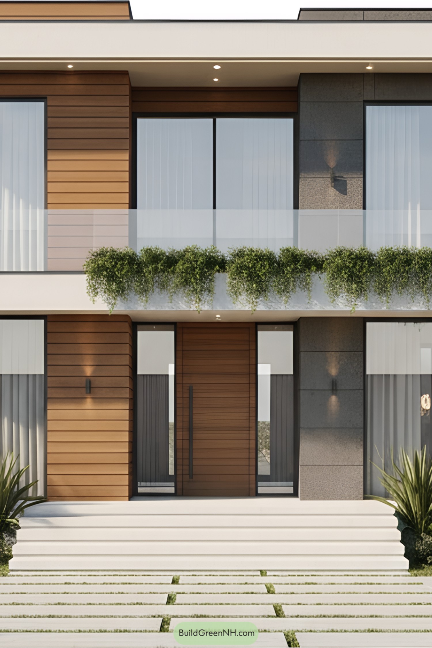 Modern villa facade with wooden cladding and greenery accents
