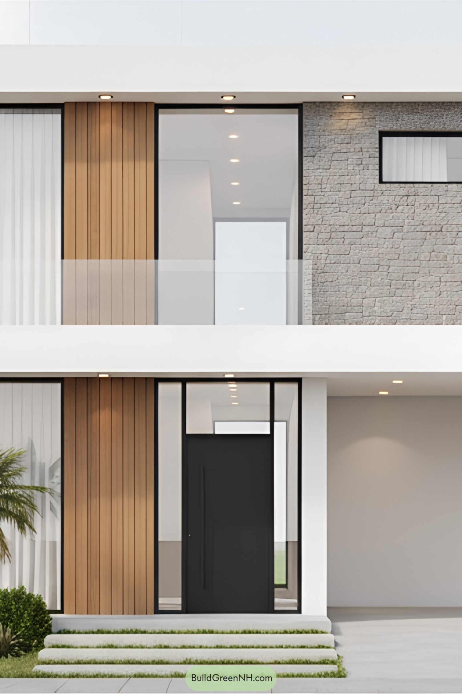 Modern villa entrance with wood and stone accents