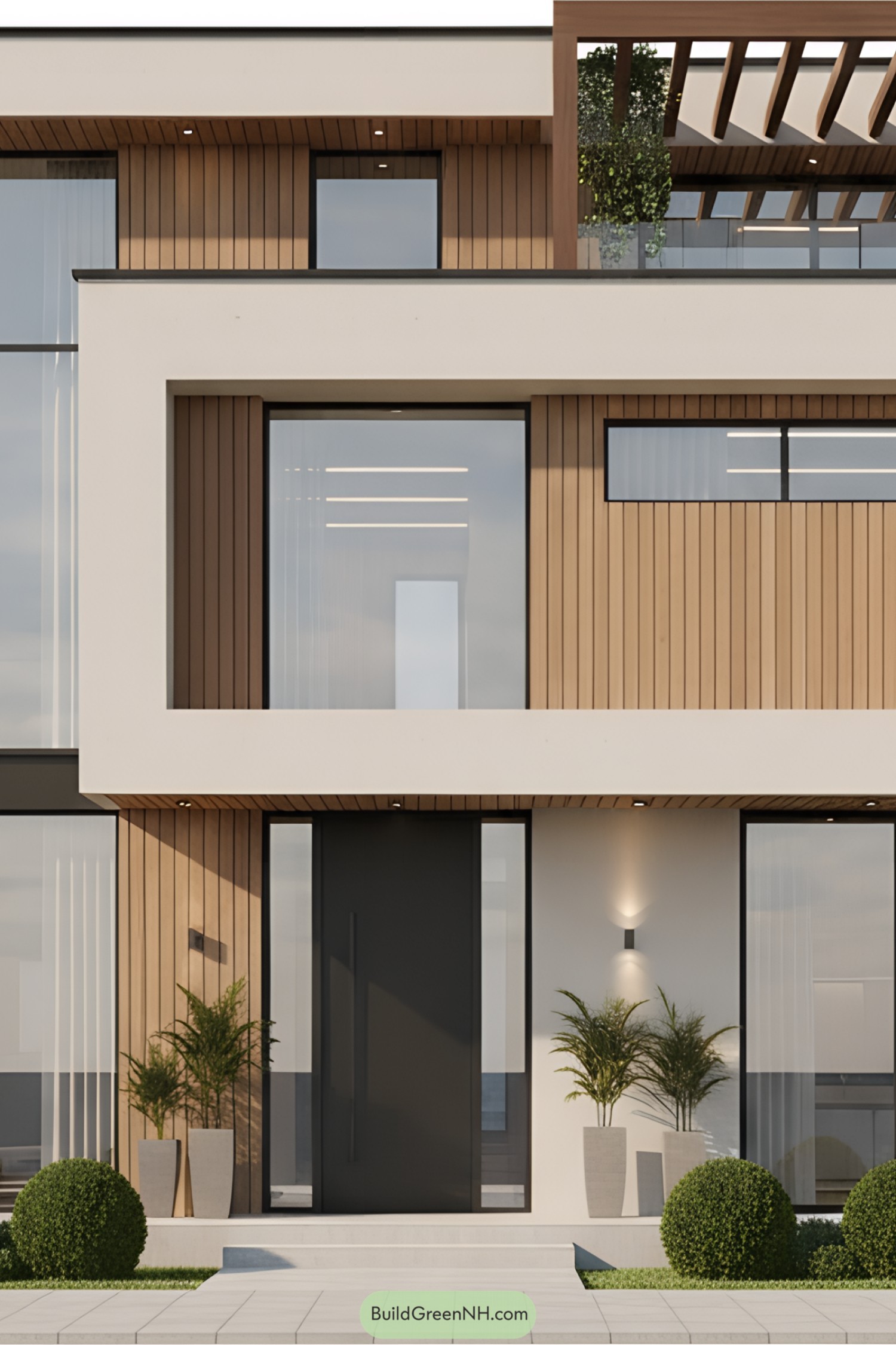 Contemporary villa facade with wood accents and large windows