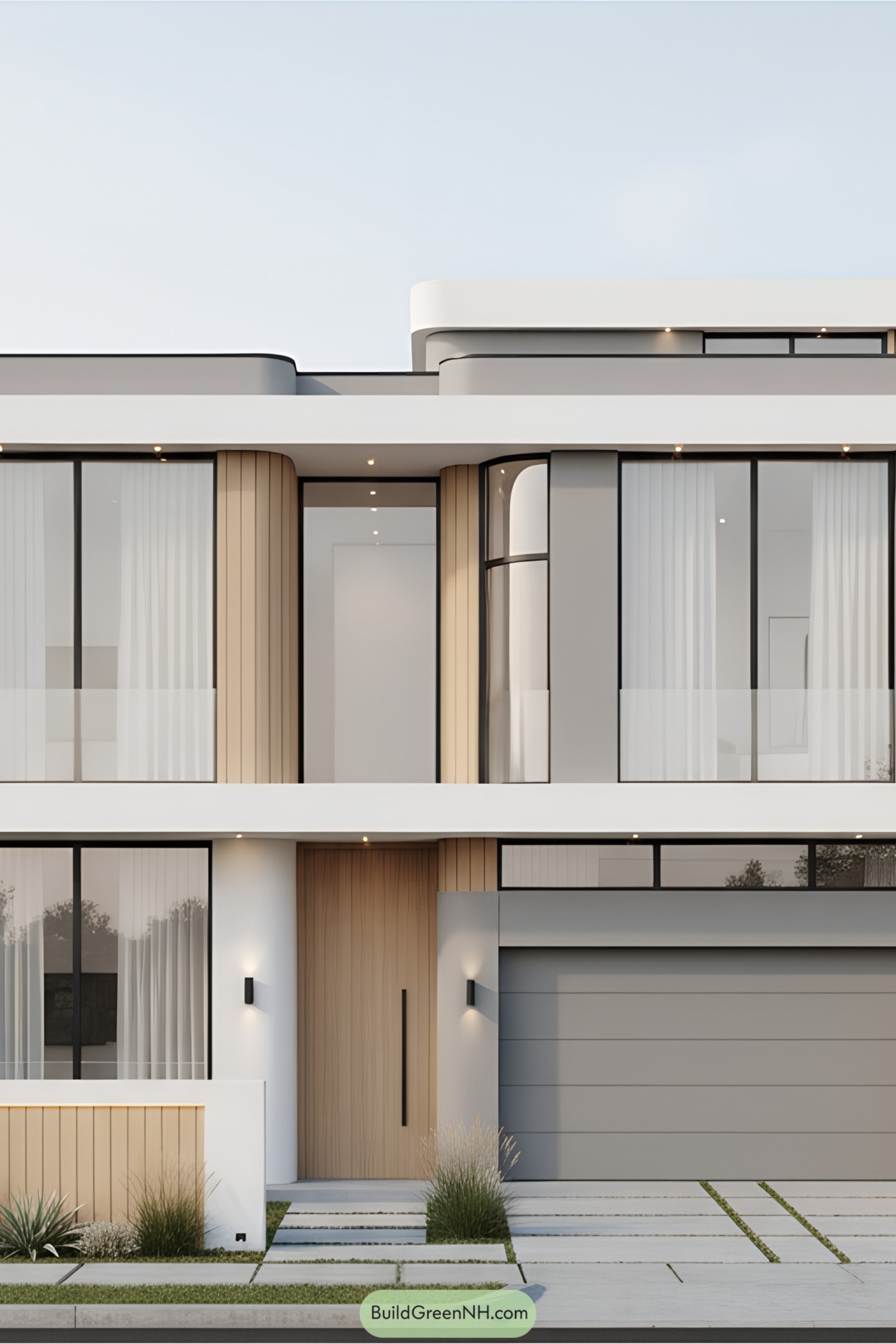 Modern villa facade with large windows and minimalist design