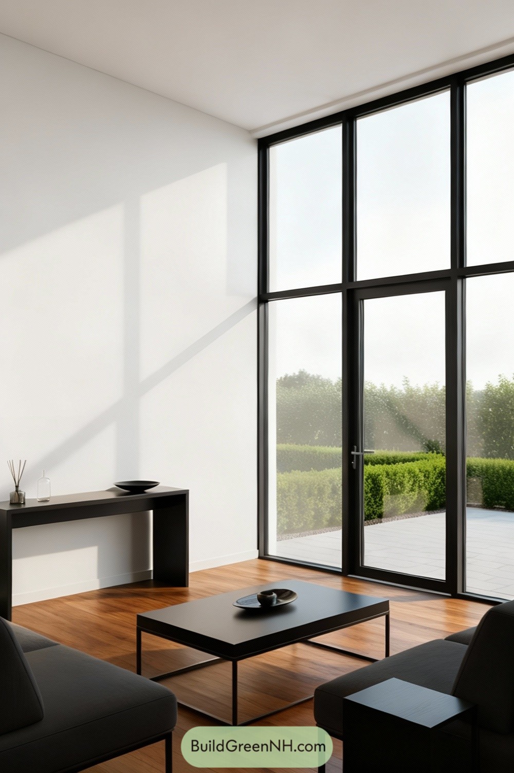 make windows less tall, leave space above windows before ceiling, make window frames trick thicker, make the upper part of window grid panels much shorter than the lower part, make floor hardwood