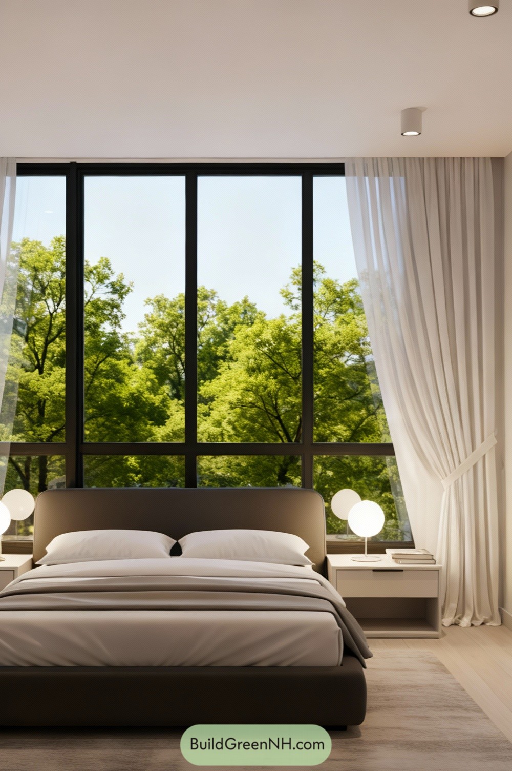 this is an image of a modern bedroom: change the view outside to green trees at the treetop level