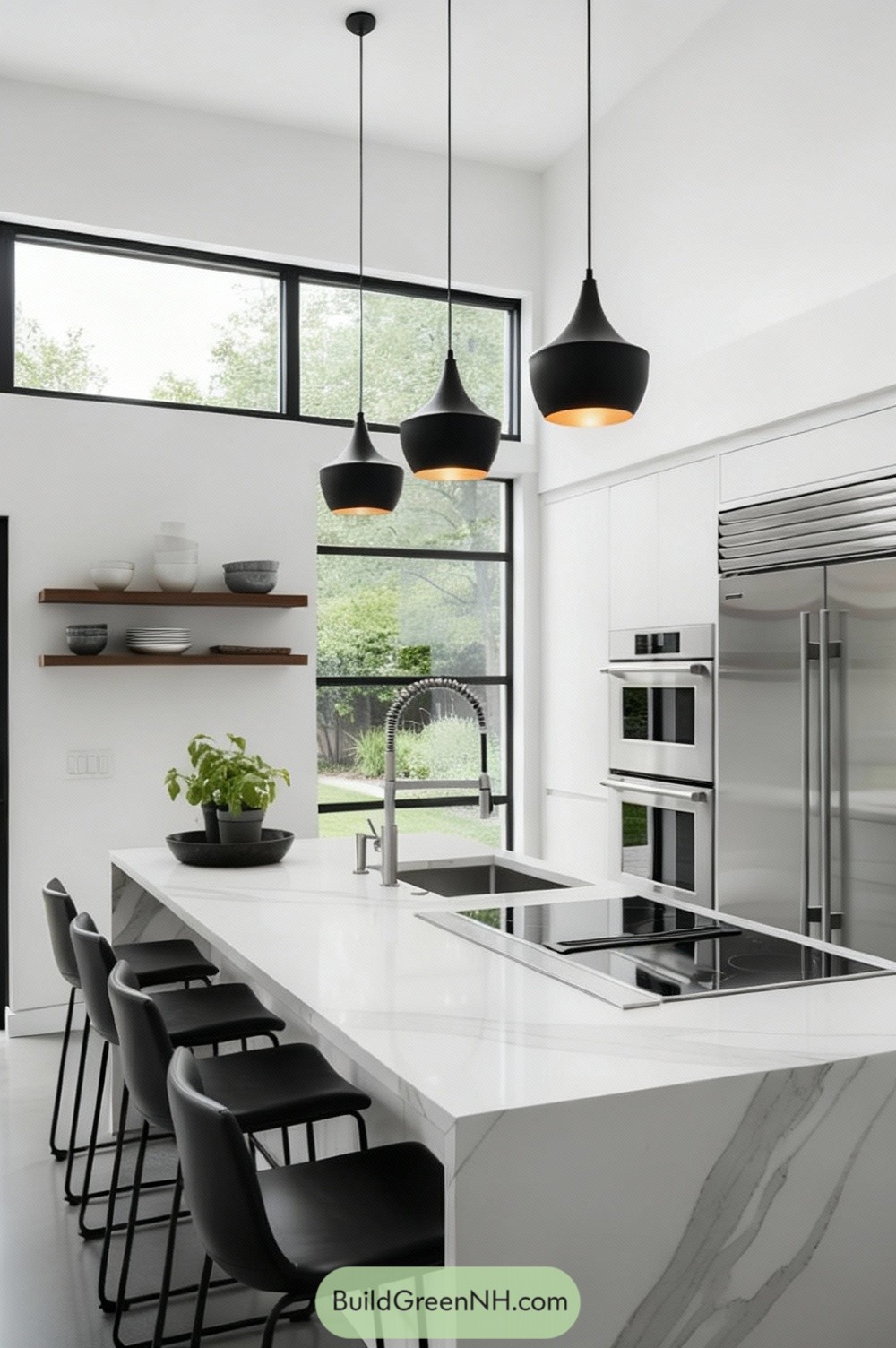 this is an image of a white modern kitchen: make ceiling lower, make windows less tall, make window frame thicker