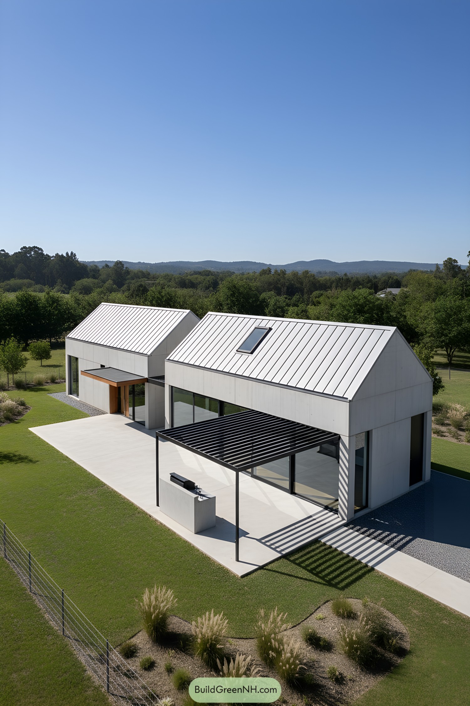 Minimalist twin-gabled concrete house with pergola terrace