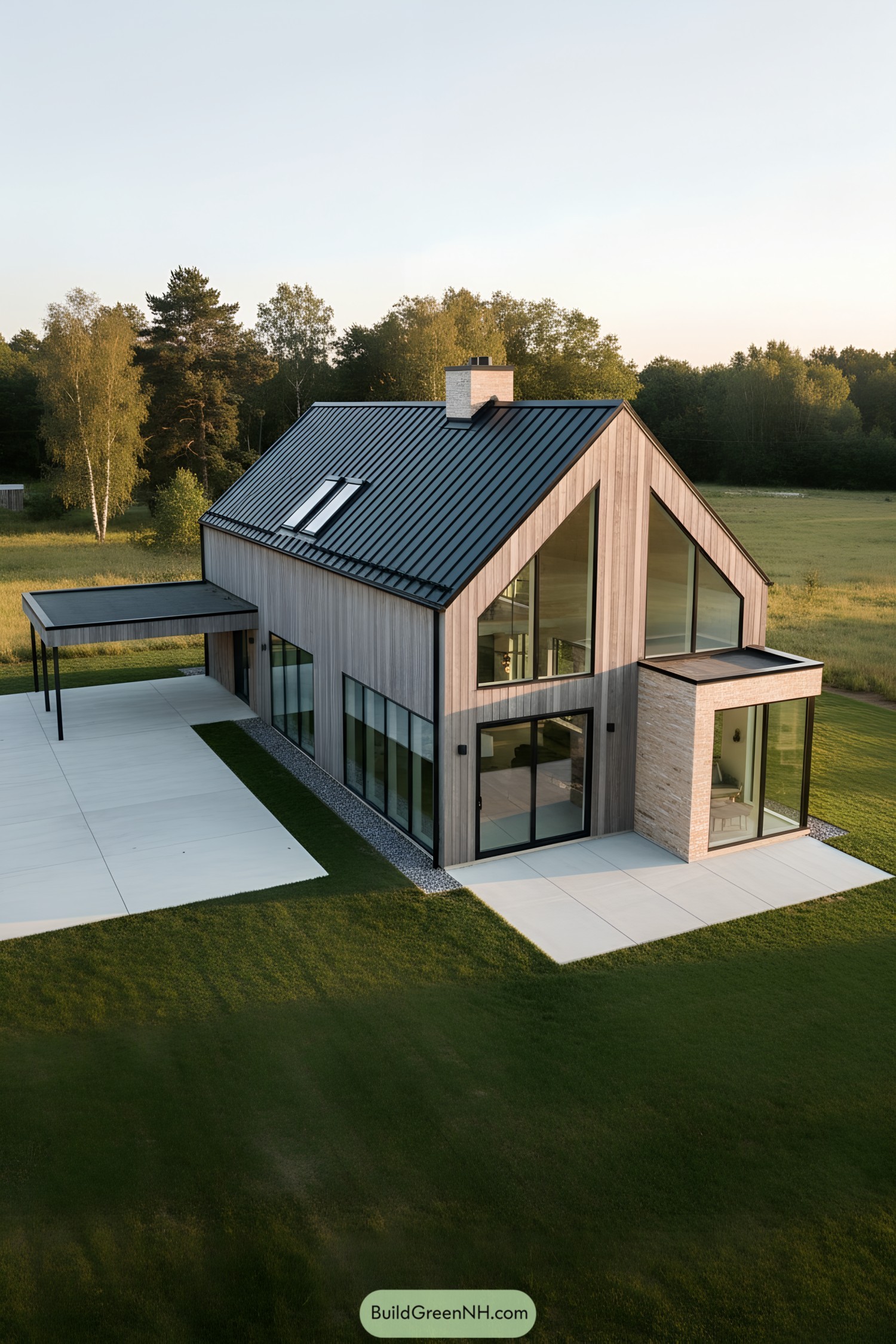 Modern barn house with black metal roof, tall triangular glazing, and pale timber cladding in a meadow setting
