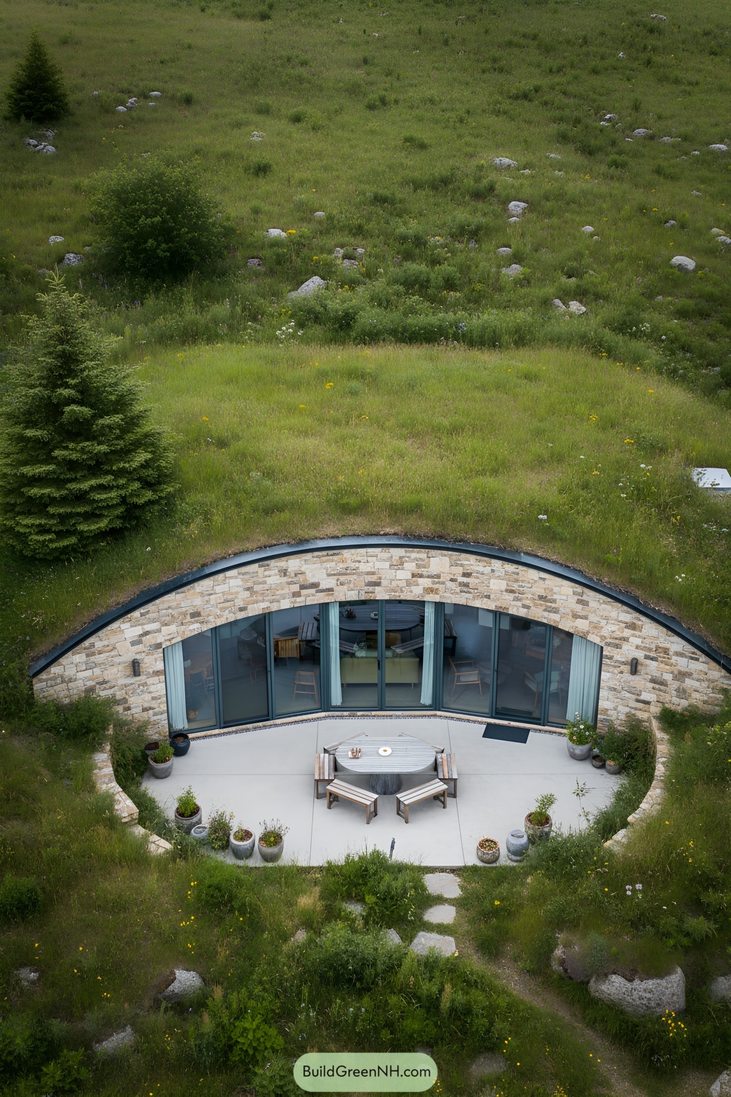 Circular patio design outside an earth-sheltered house