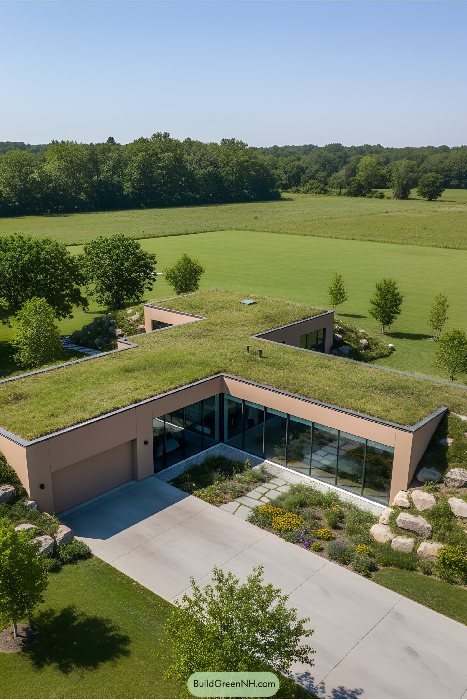 Modern house with a grass roof surrounded by greenery