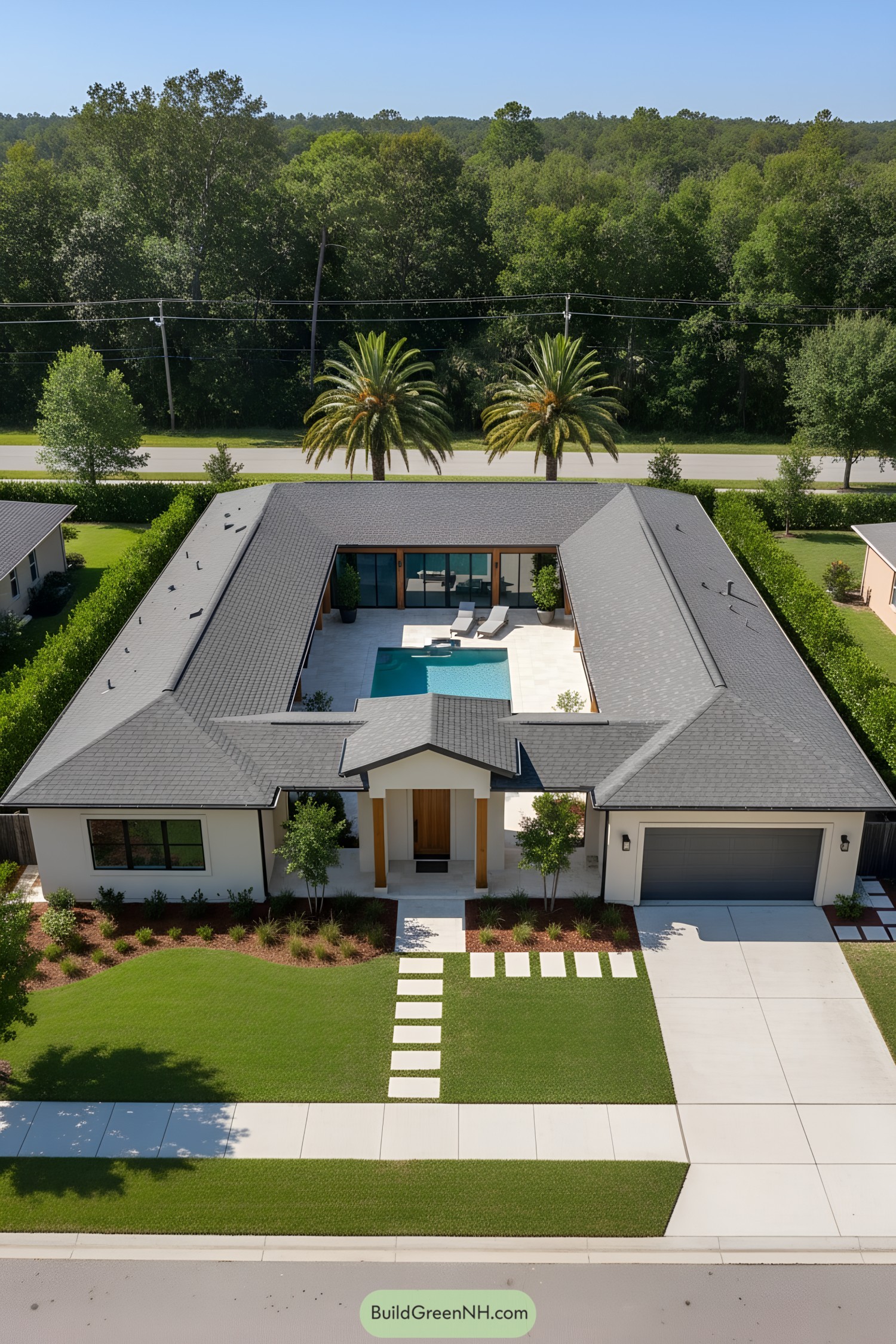 U-shaped modern home with central pool courtyard