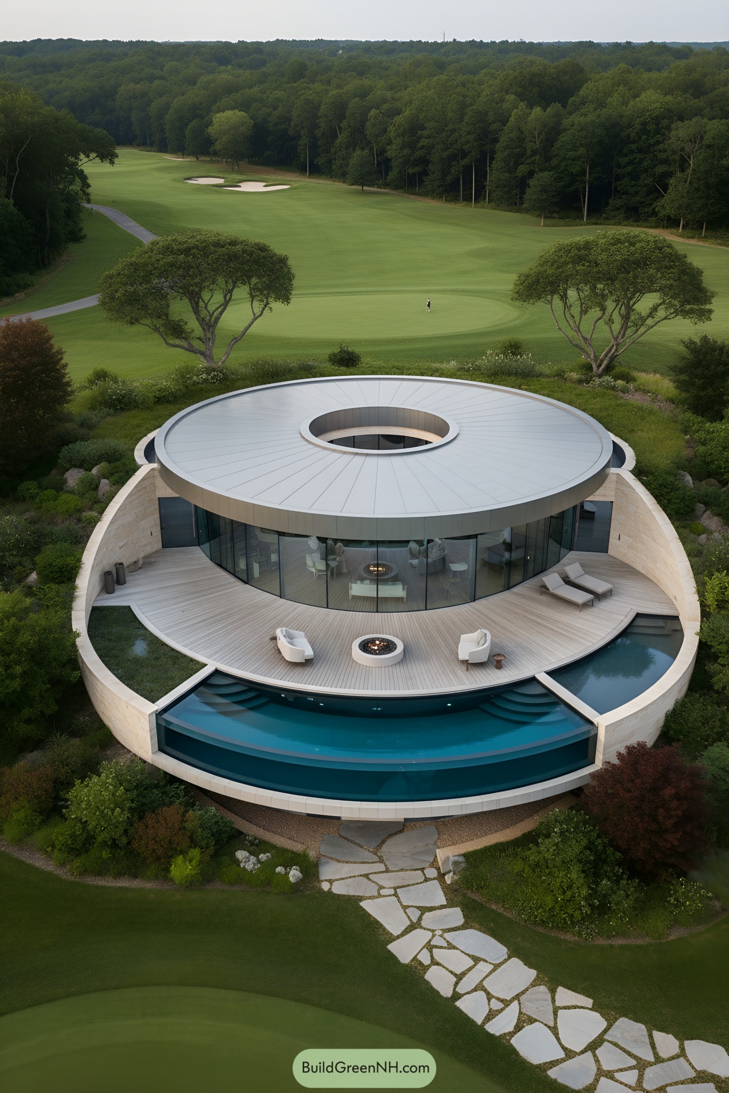 Circular modern house with oculus roof, wraparound deck, and curved infinity pool on a green landscape