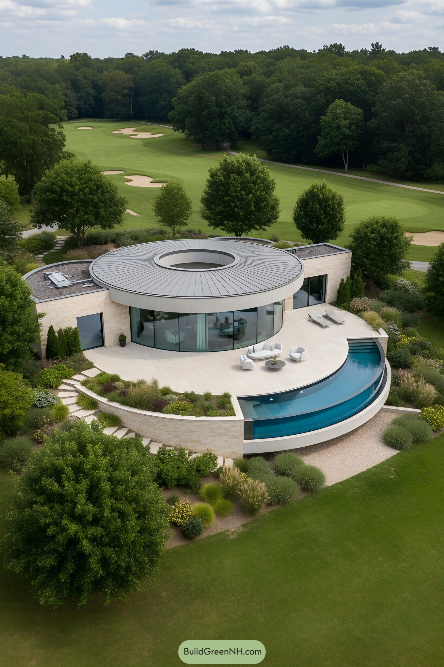 Circular modern house with oculus roof and curved infinity pool overlooking a golf course