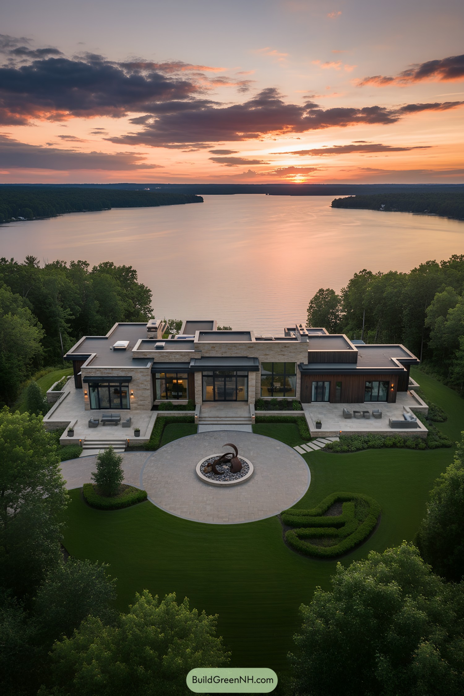 Modern lake house at sunset with expansive views