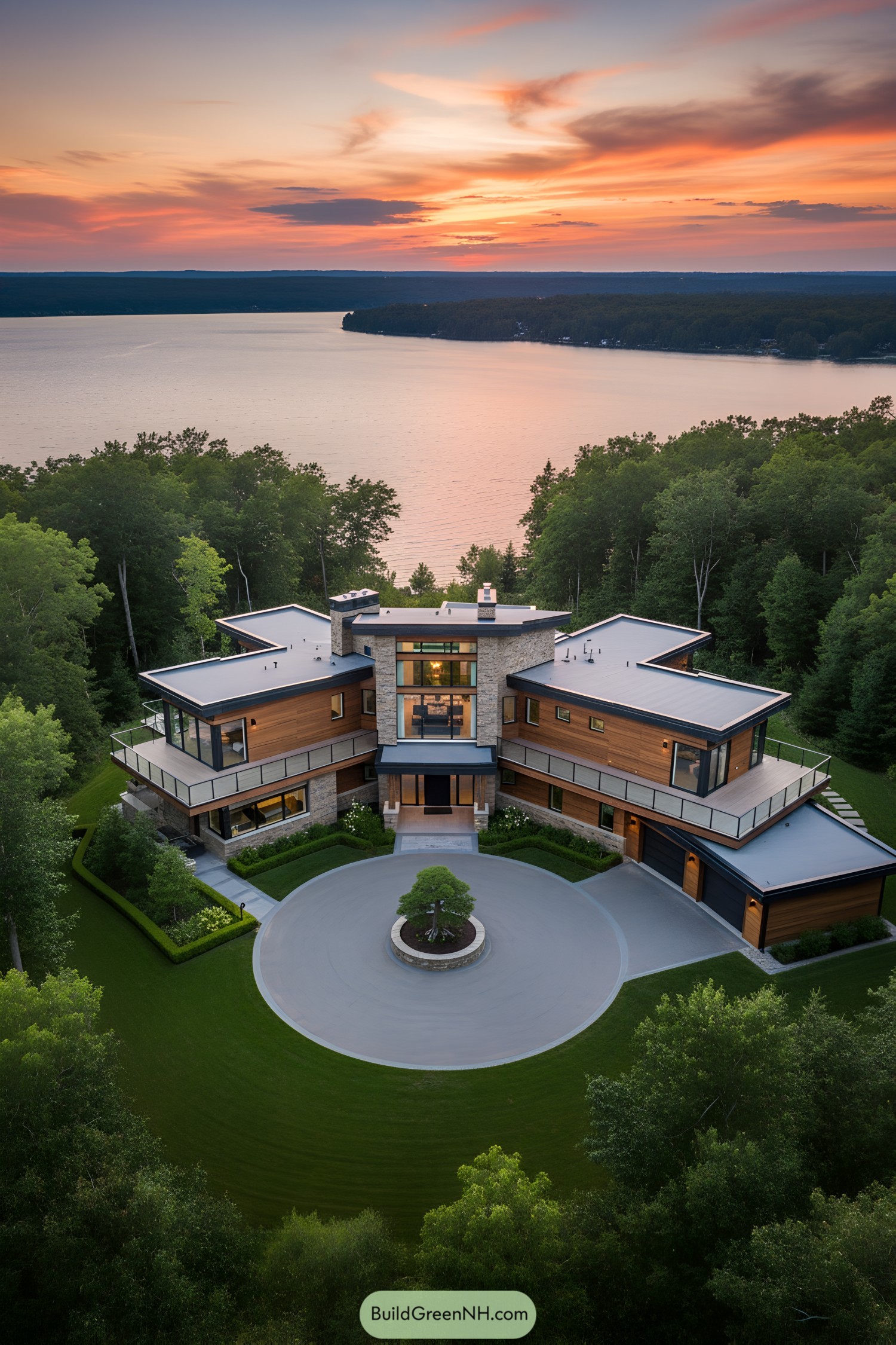 Modern lake house with sleek lines and lush surroundings