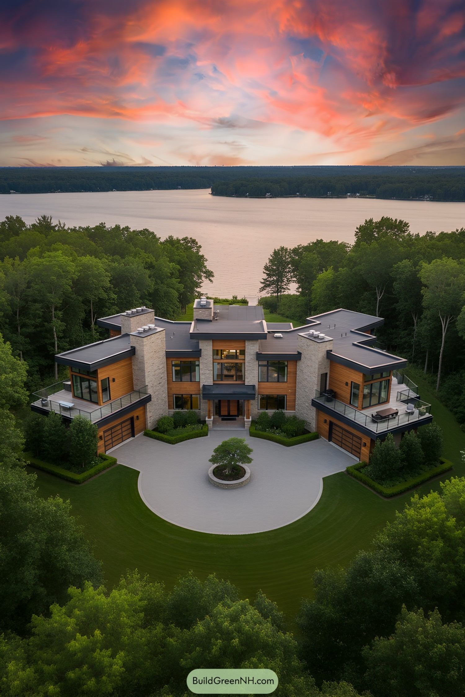 Modern lakefront house with a circular driveway and vibrant sunset