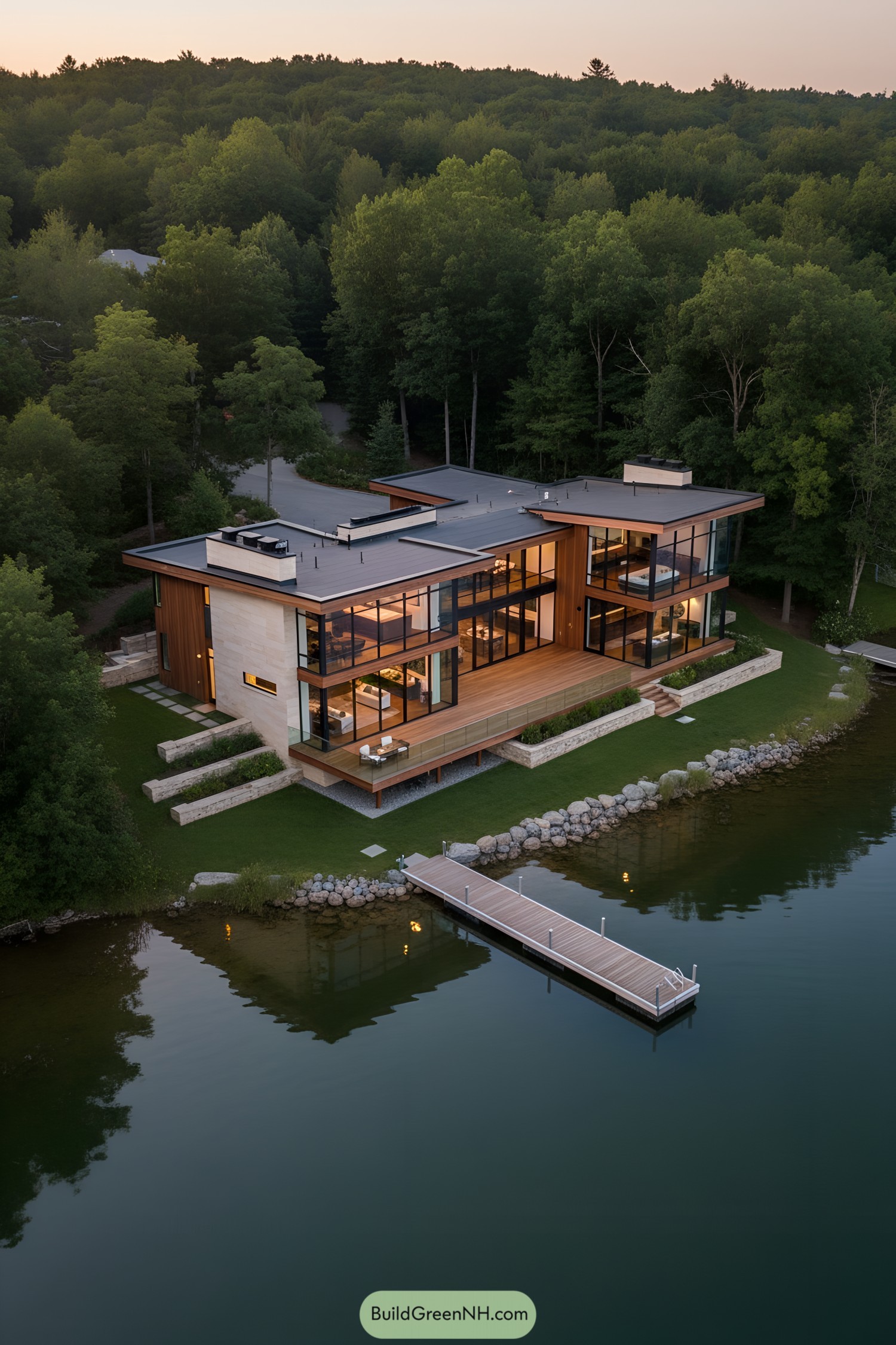 Modern glass lake house with dock