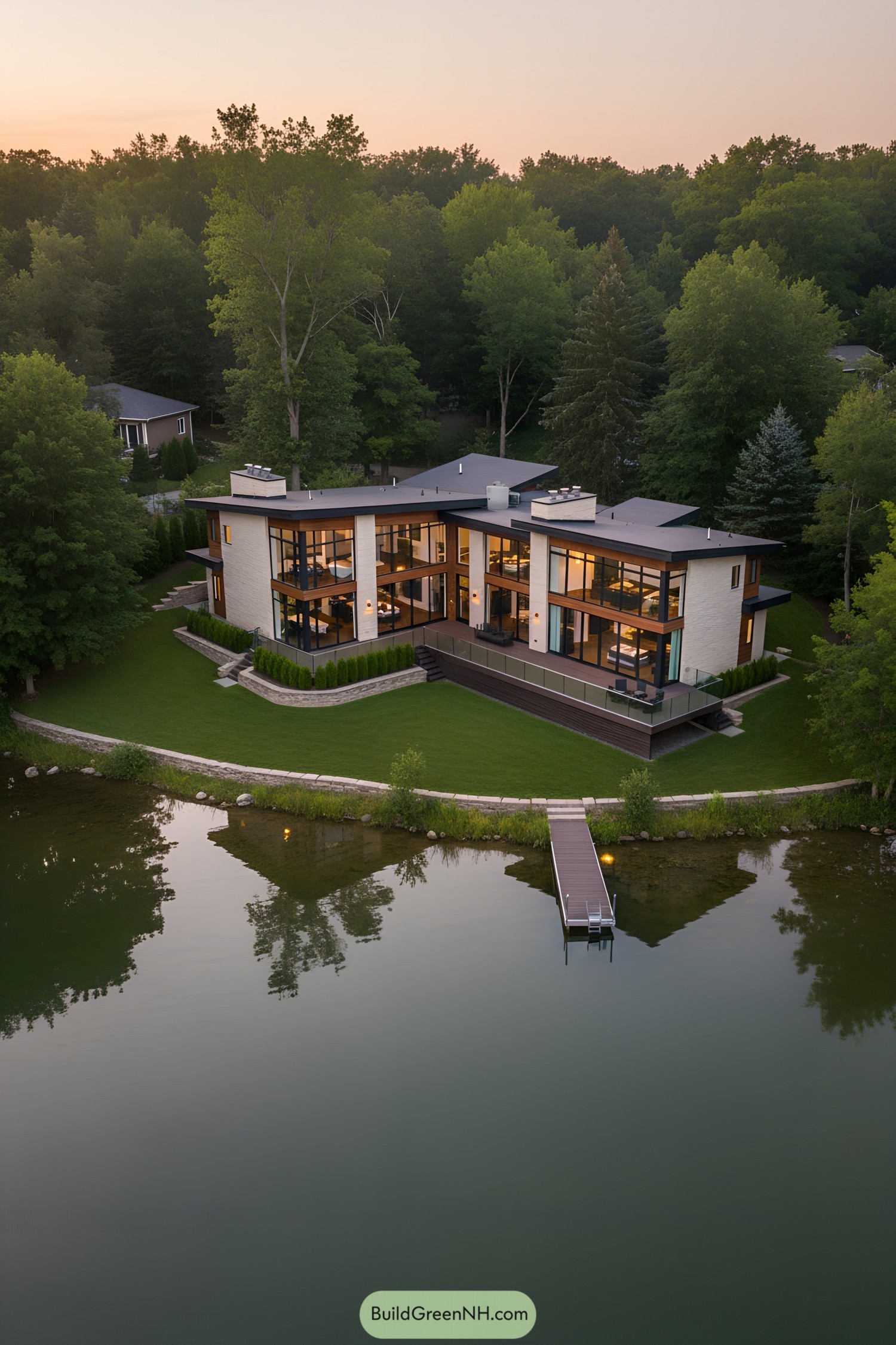 Modern lake house nestled among trees with dock