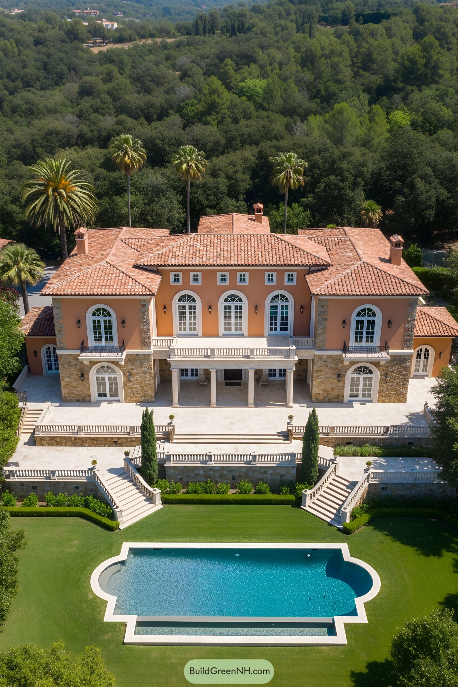 Lush estate with a grand mansion and pool