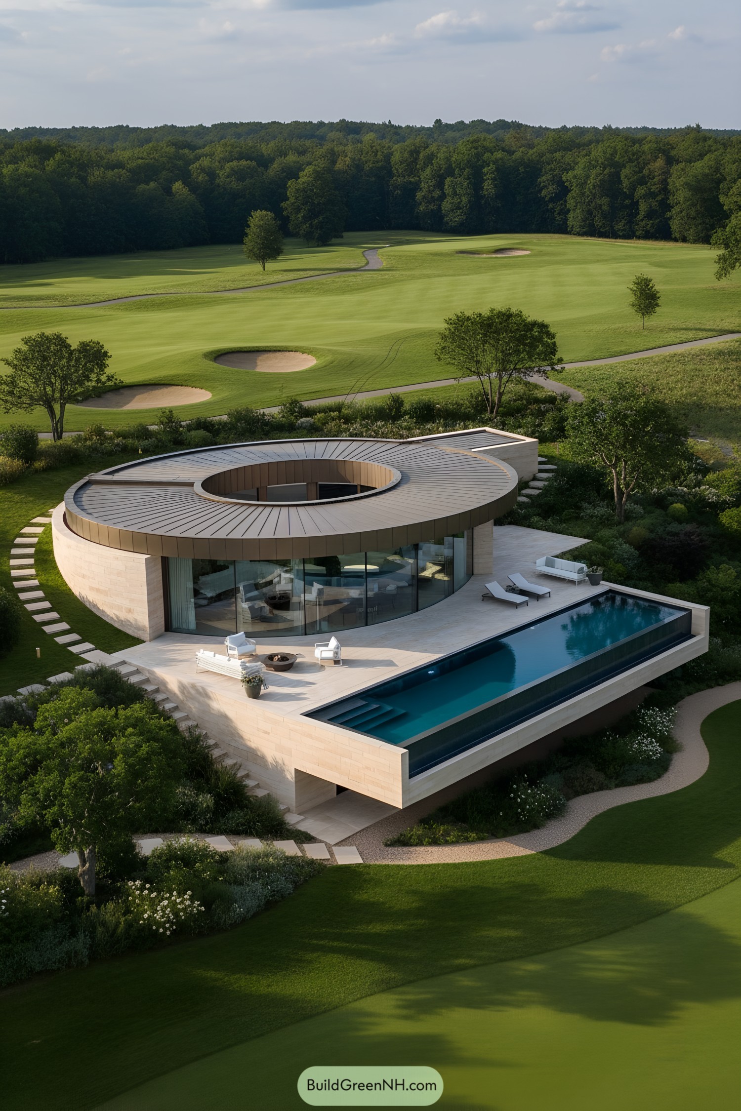 Circular modern house with central oculus and cantilevered infinity pool beside a fairway