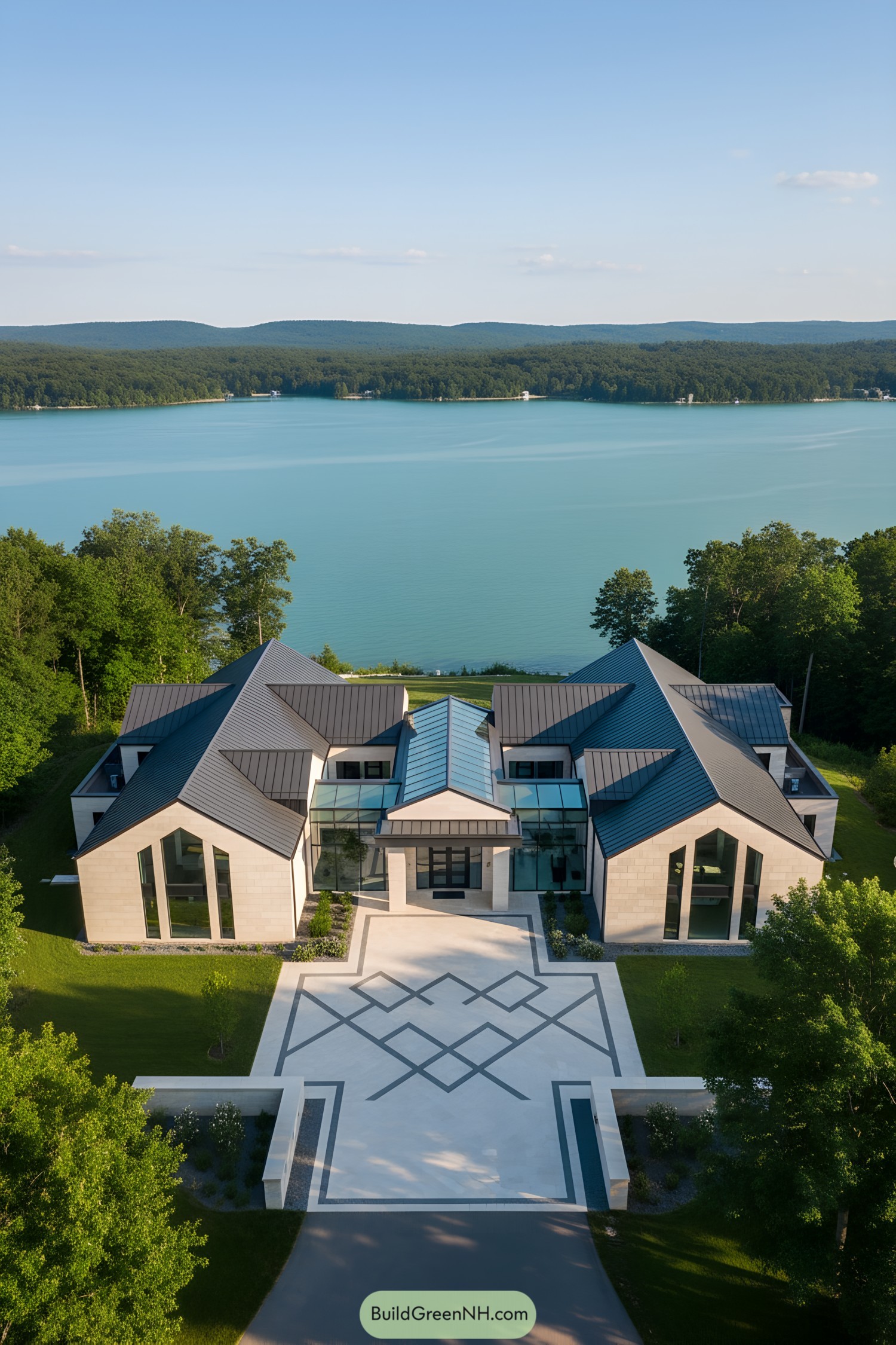 Stunning lake house with modern architecture and large glass windows