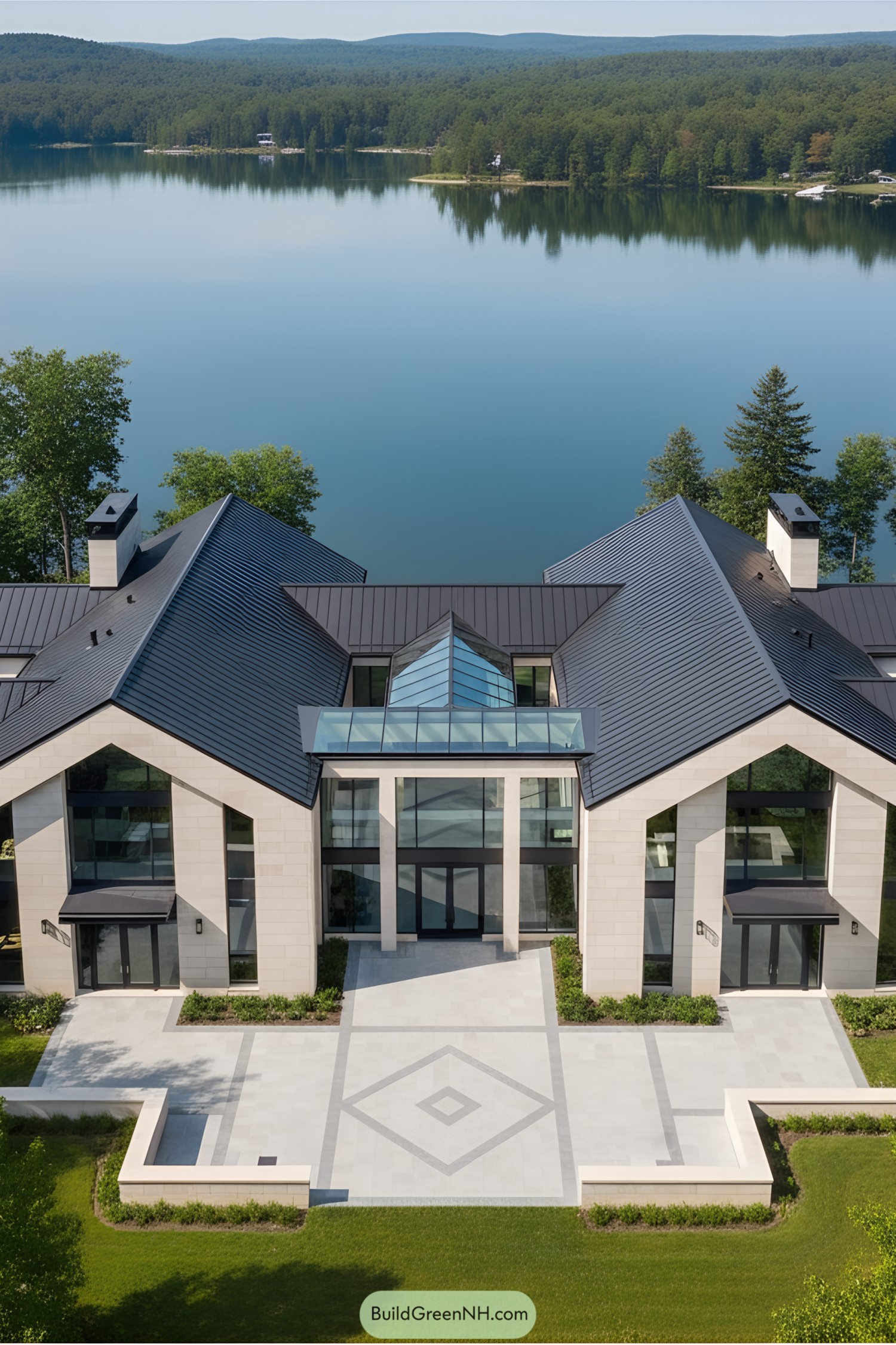 Modern lake house with geometric design and large windows