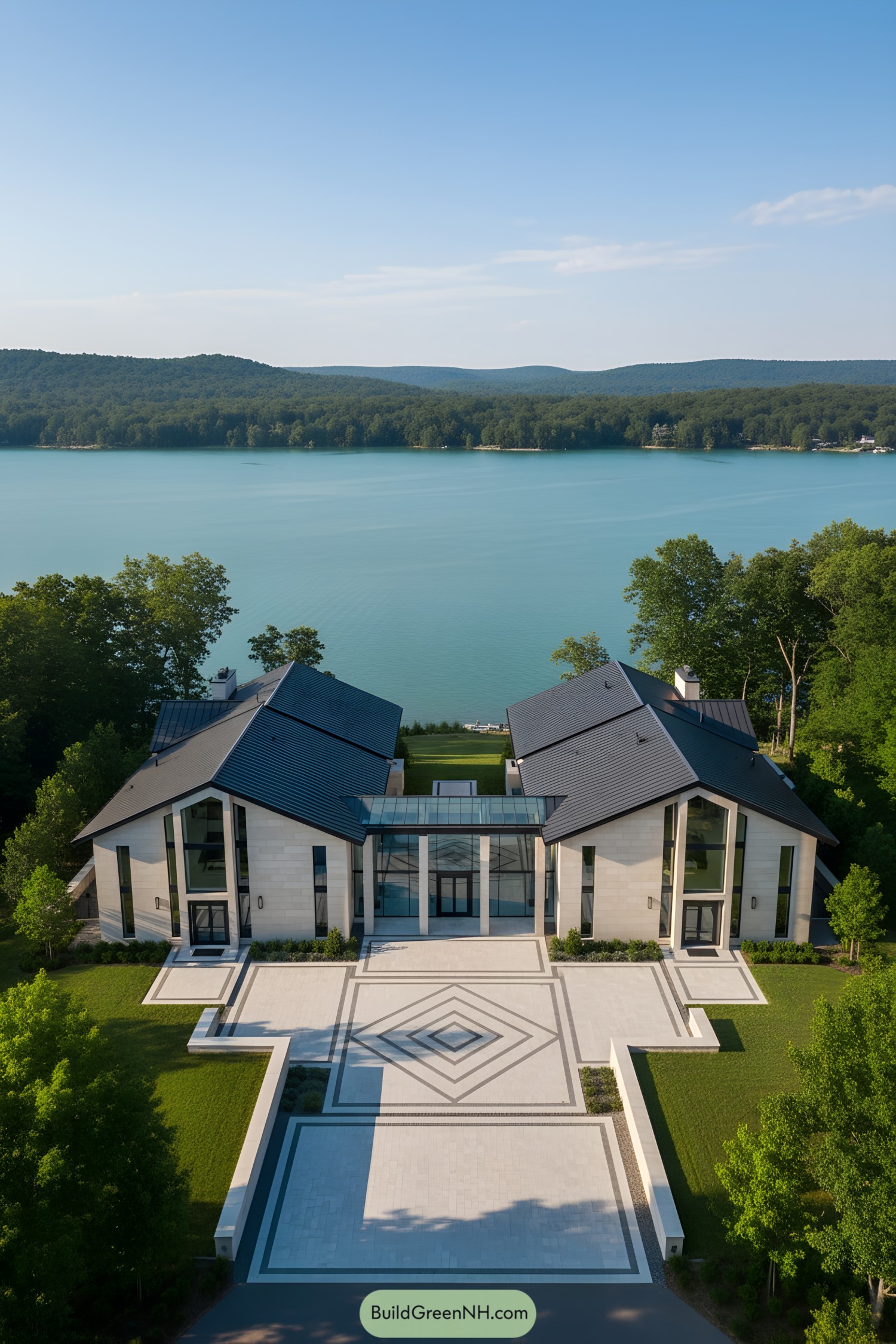 Modern lake house with sleek design and expansive view