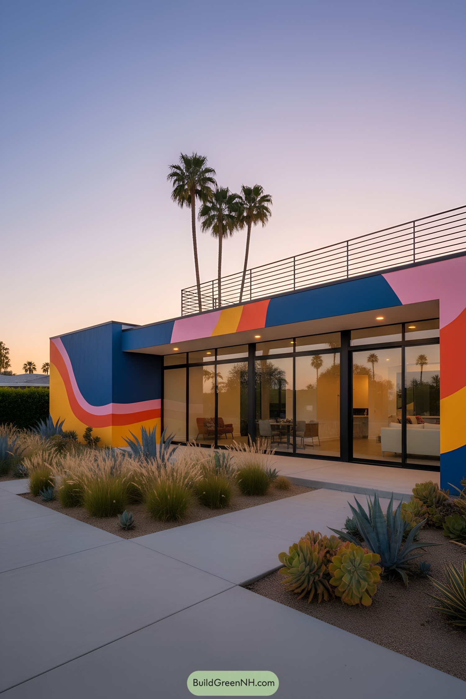 Single-story modern house with sweeping multicolor mural bands, slide-away glass wall, rooftop railing, and xeriscape planting
