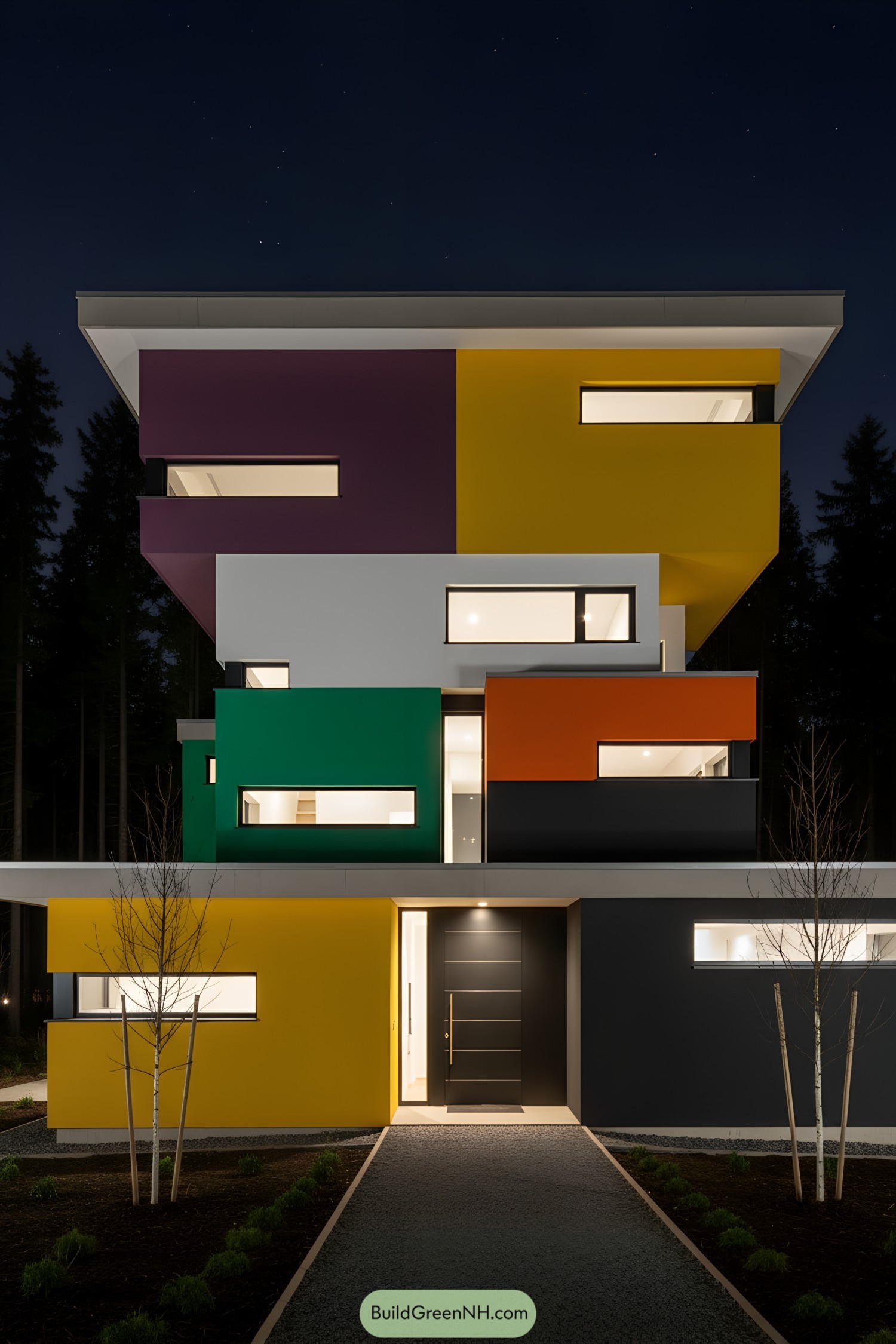 Stacked color-block modern house with cantilevered slabs and thin horizontal windows at night