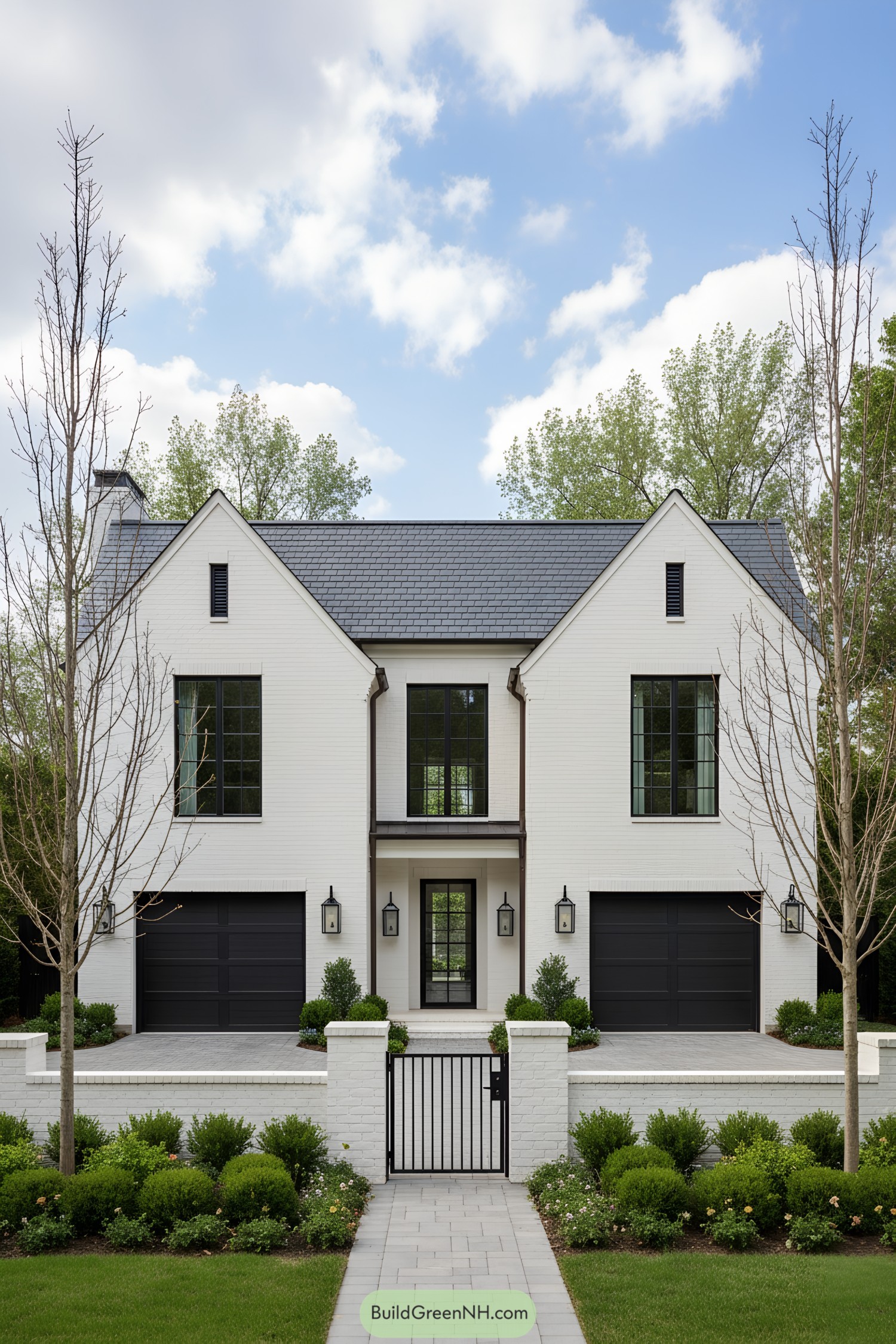 Symmetrical white-brick house with twin gables, black windows, and walled front terrace