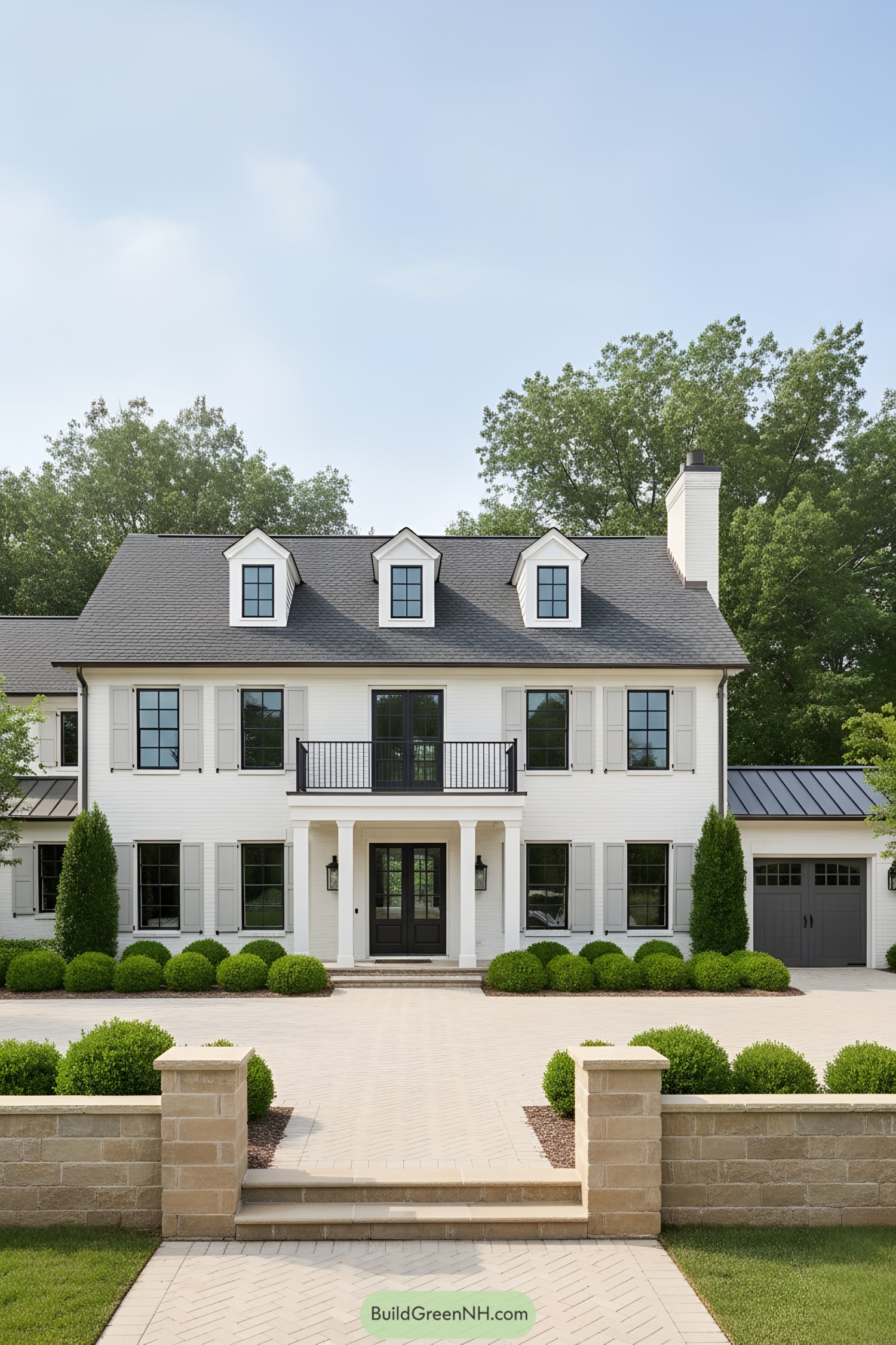 White colonial house with dormers and balcony