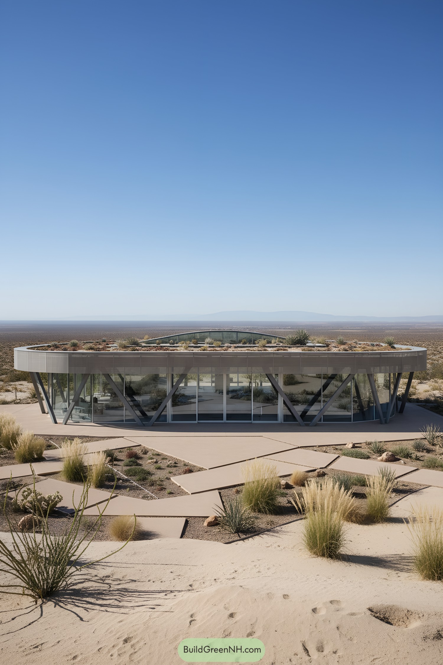 Low, circular desert home with glass walls, angled steel supports, and a planted roof