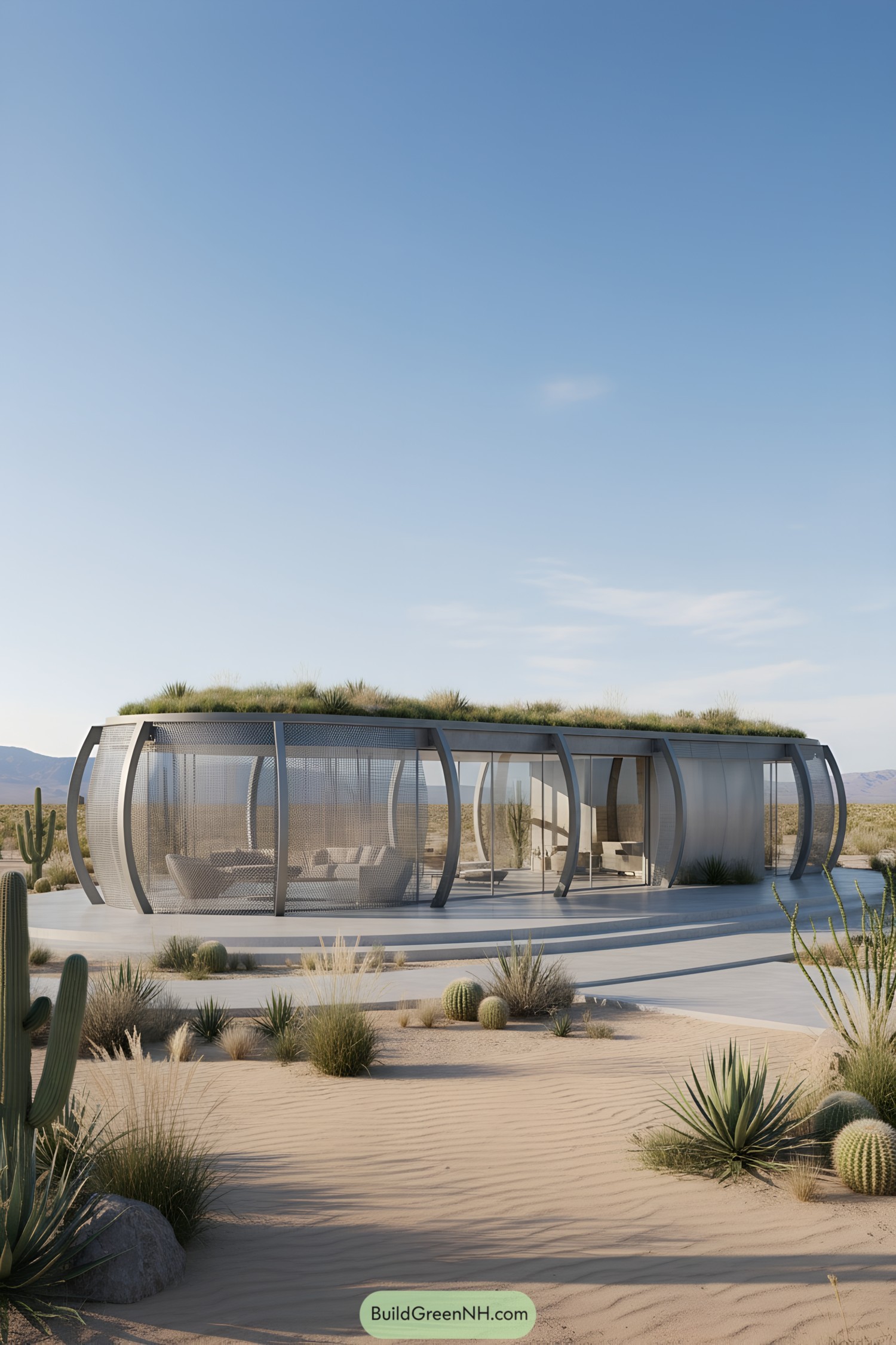 Elliptical desert house with curved steel ribs, mesh screens, glass walls, and a drought-tolerant green roof