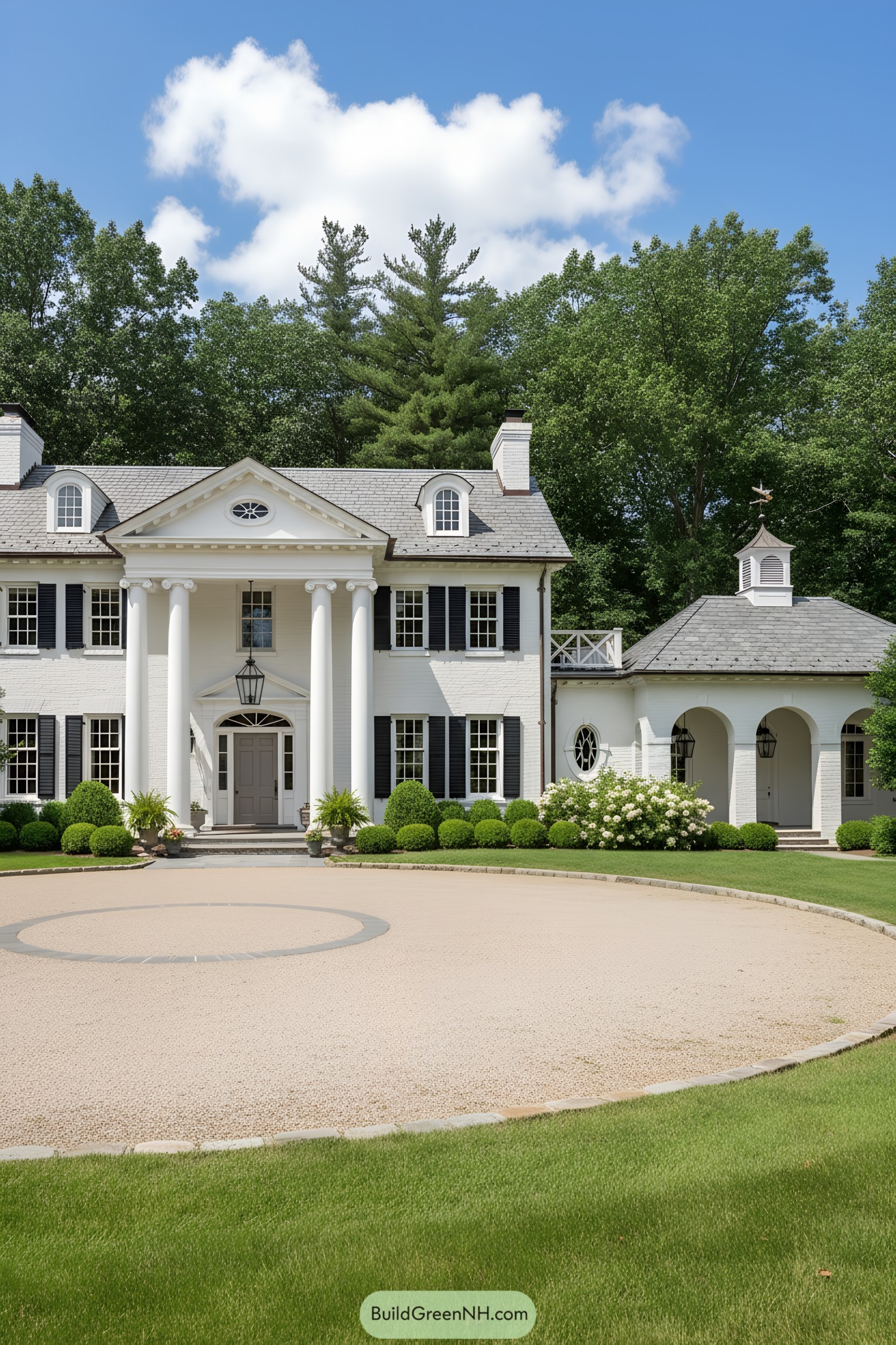 White-brick colonial with columned portico and cupola loggia