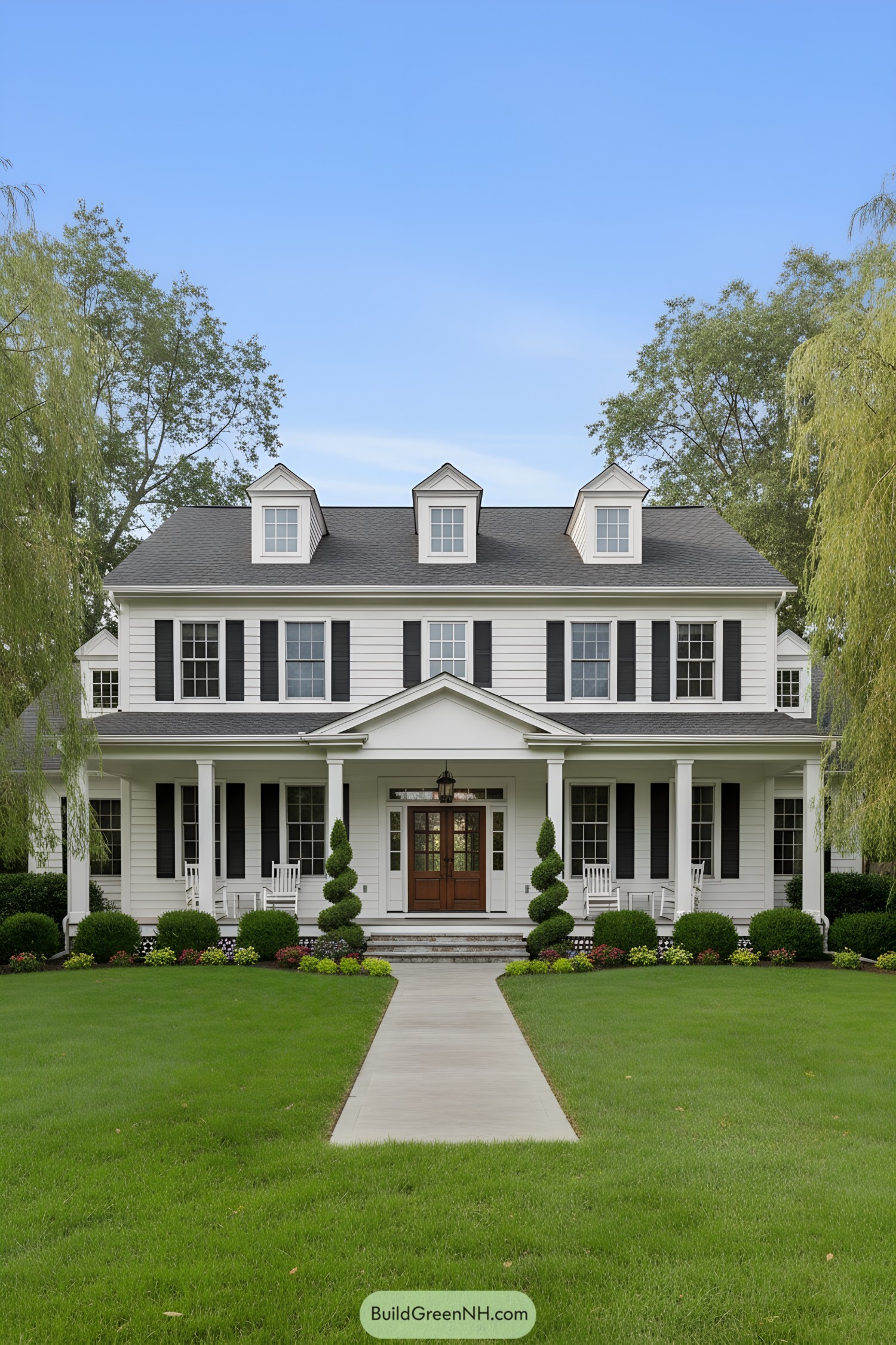 White colonial with black shutters, porch, dormers