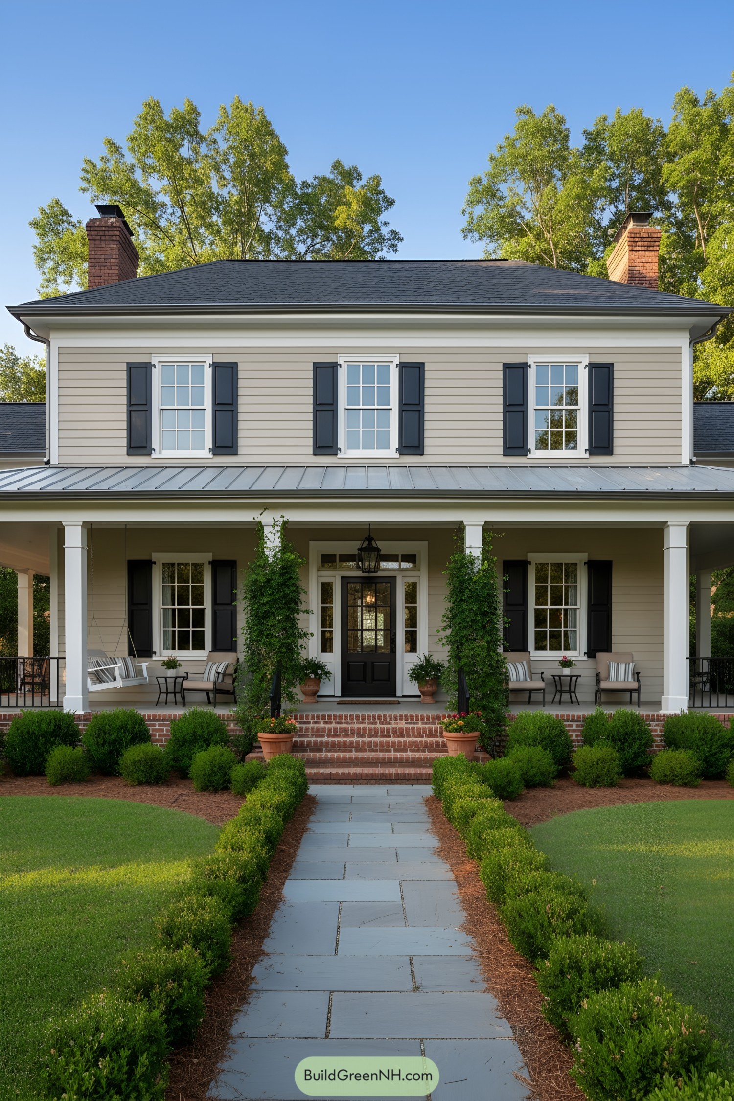Two-story greige colonial with wraparound porch, black shutters, and brick steps