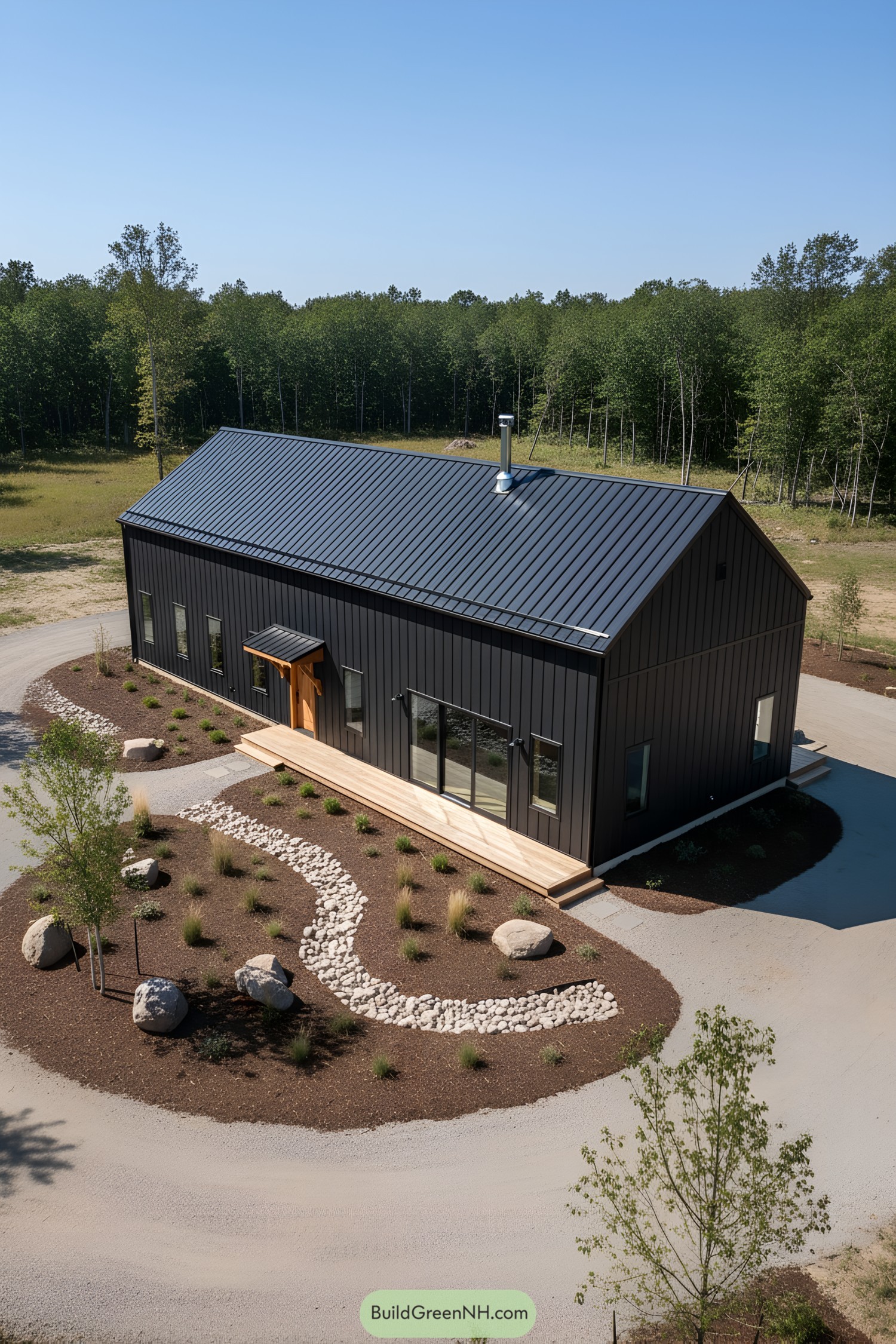 Black metal-clad gable barn with wood accents and minimalist landscaping