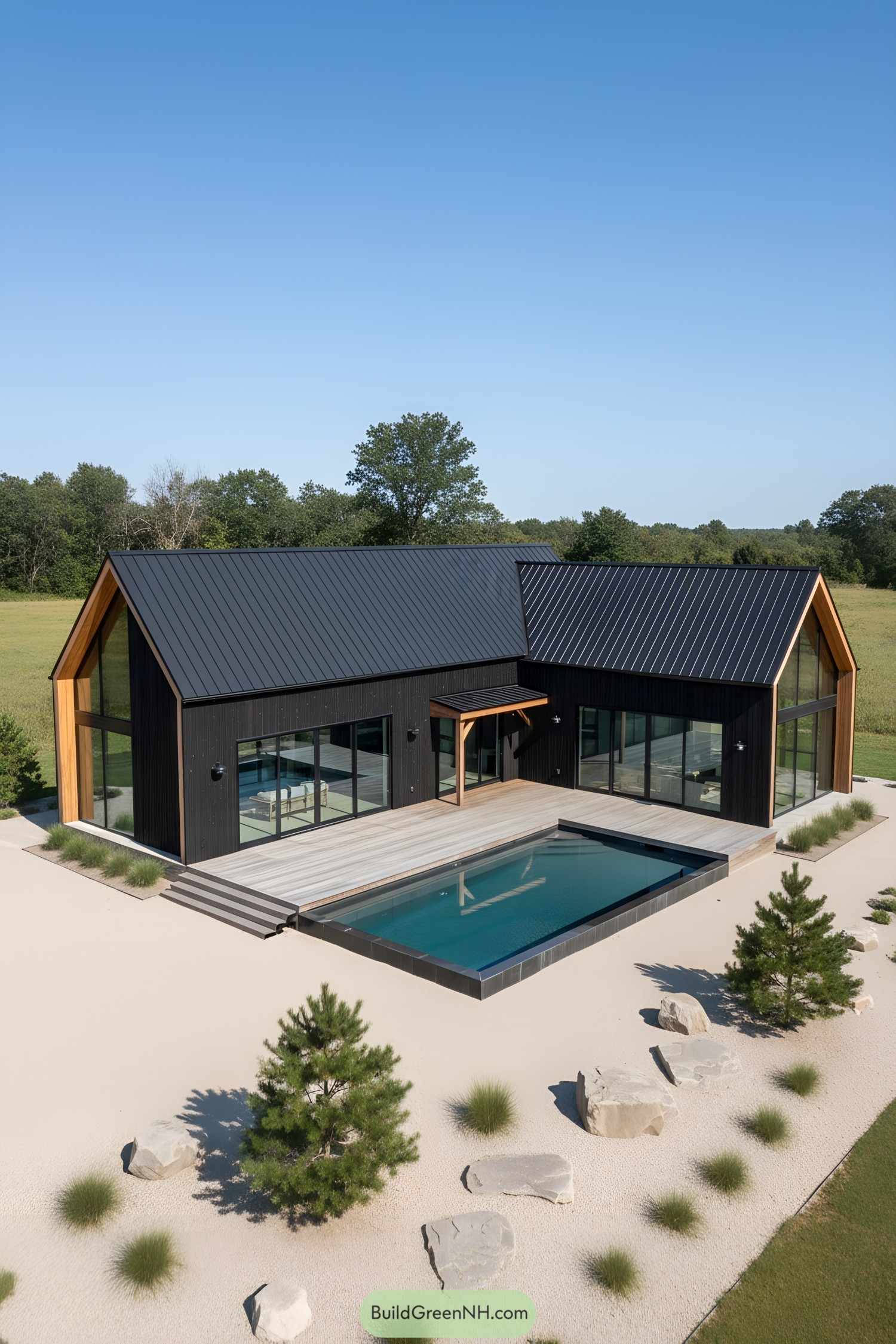 Black gabled barn-style home with pool and sliding glass walls