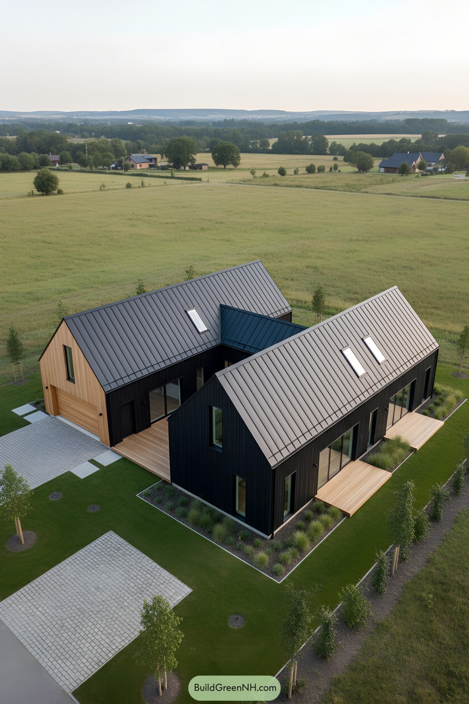 Two black gabled volumes framing a cedar-lined courtyard with standing-seam metal roofs and slim skylights