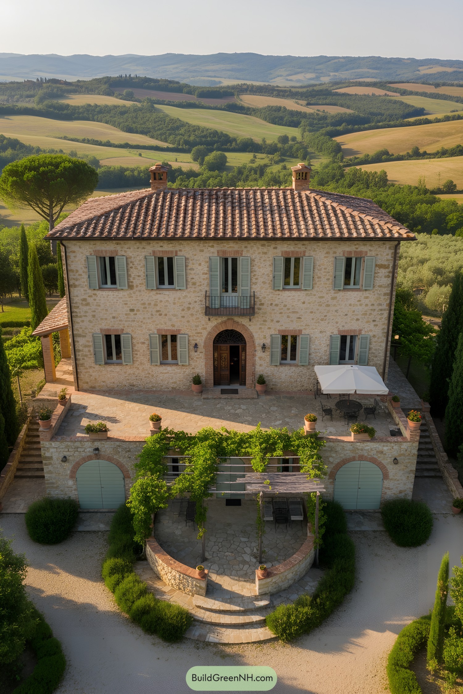 Stone farmhouse with tiled roof, pale shutters, and vine-covered loggia terrace