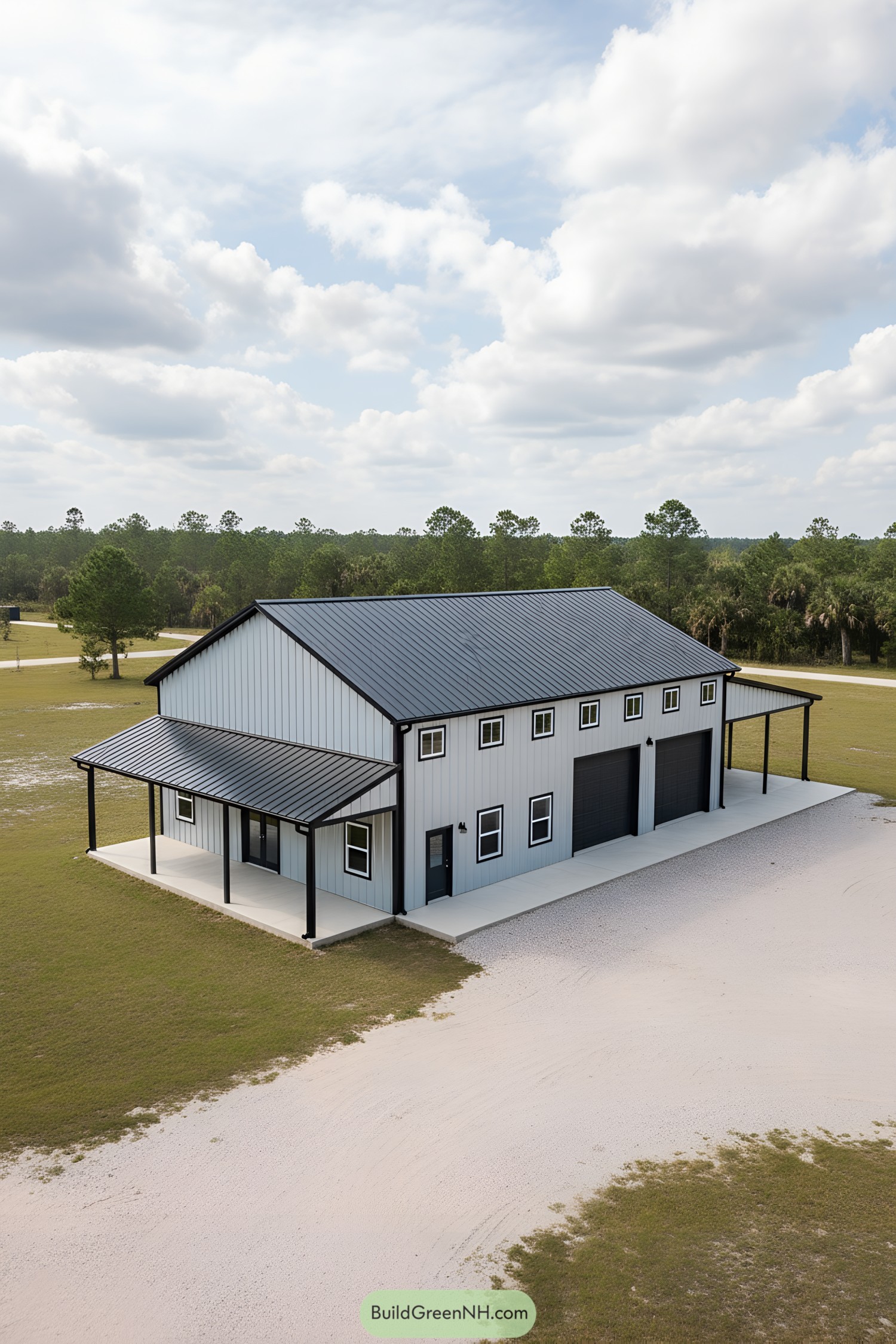 Gray metal barn home with black trim, dual garage bays, and wraparound lean-tos