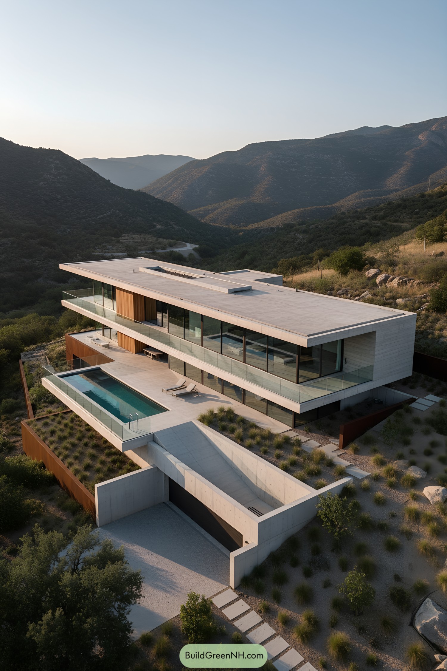 Terraced concrete villa with pool and glass walls