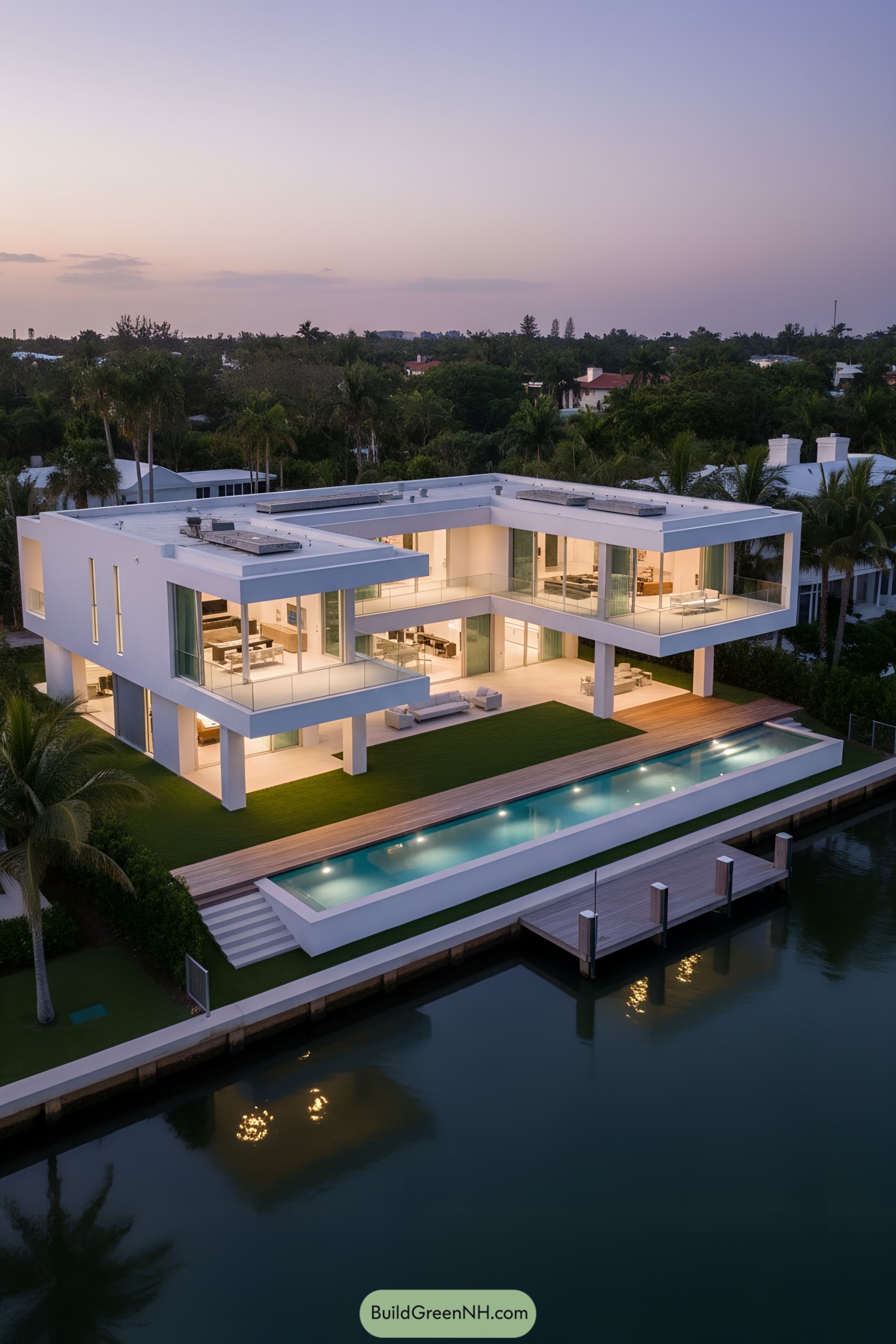 Modern white waterfront villa with long pool